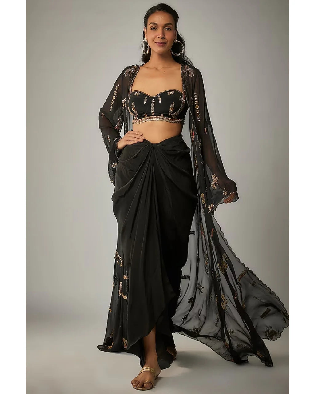 Black Drape Skirt And Embroidered Cape Set