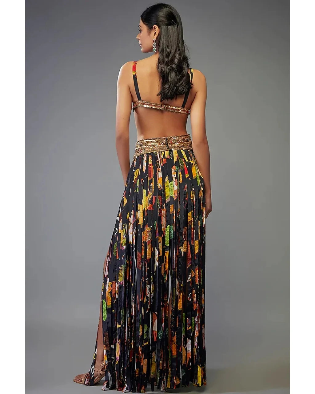 Black Crepe Printed Fringe Skirt Set