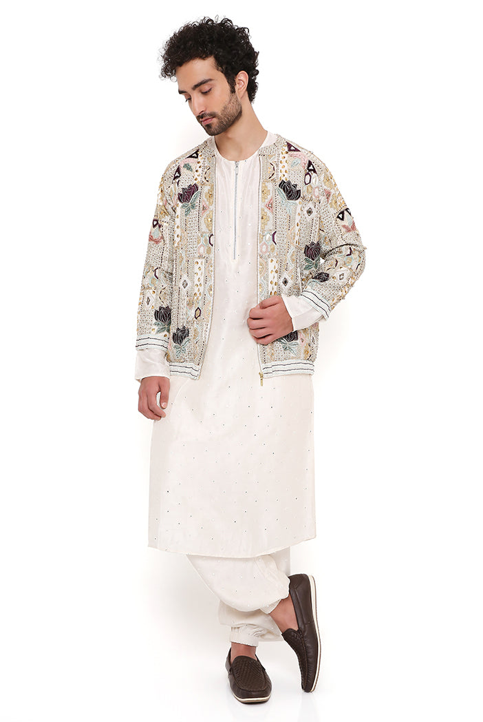 RAJ OFF WHITE GEORGETTE EMBROIDERED BOMBER JACKET WITH ABLA SILK BOMBER KURTA AND JOGGER PANT