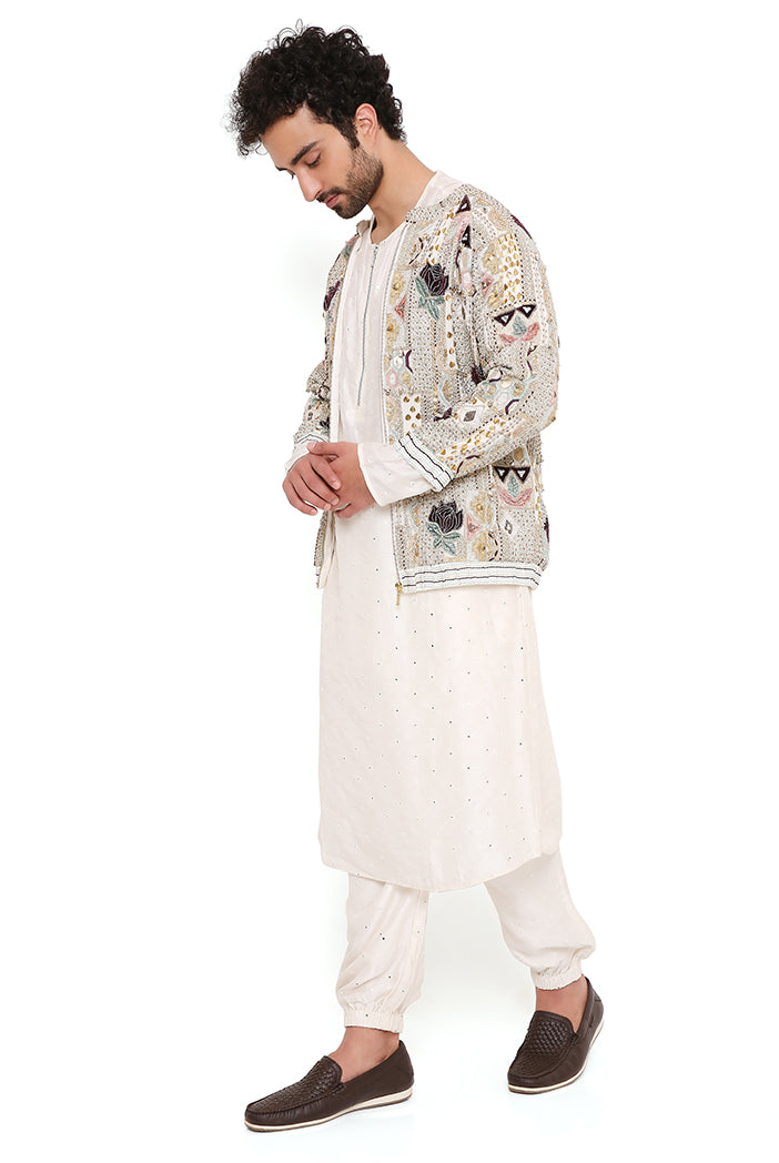 RAJ OFF WHITE GEORGETTE EMBROIDERED BOMBER JACKET WITH ABLA SILK BOMBER KURTA AND JOGGER PANT