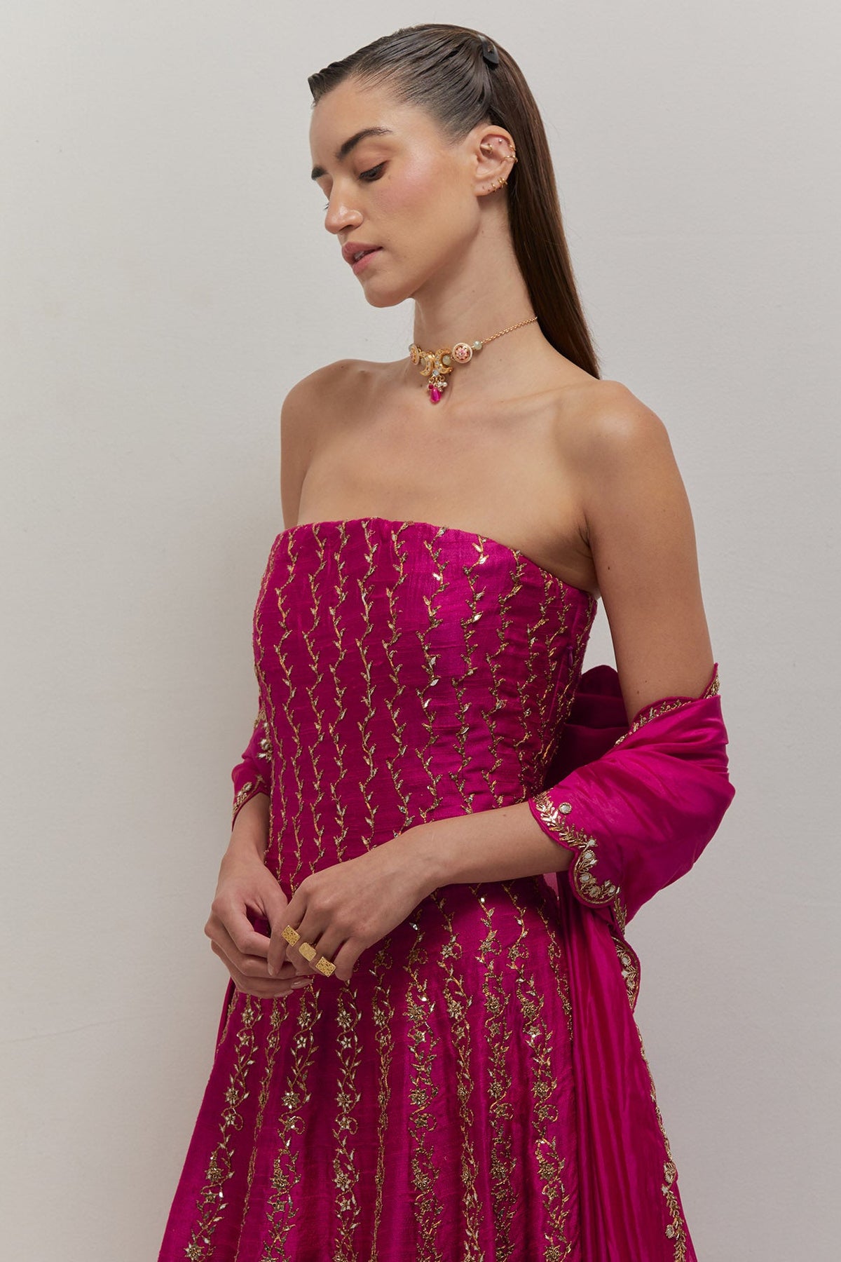 Raspberry Off Shoulder Anarkali set