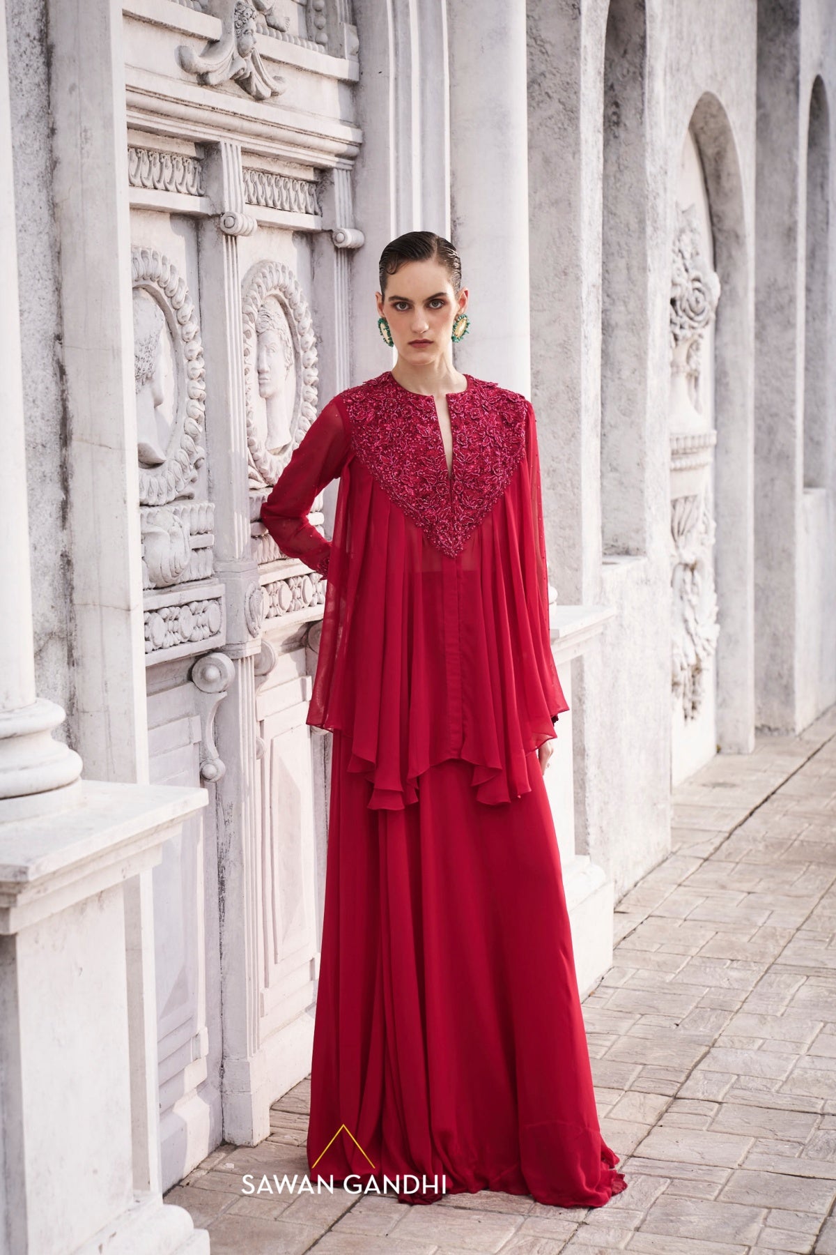Red appliqué work co-ord set