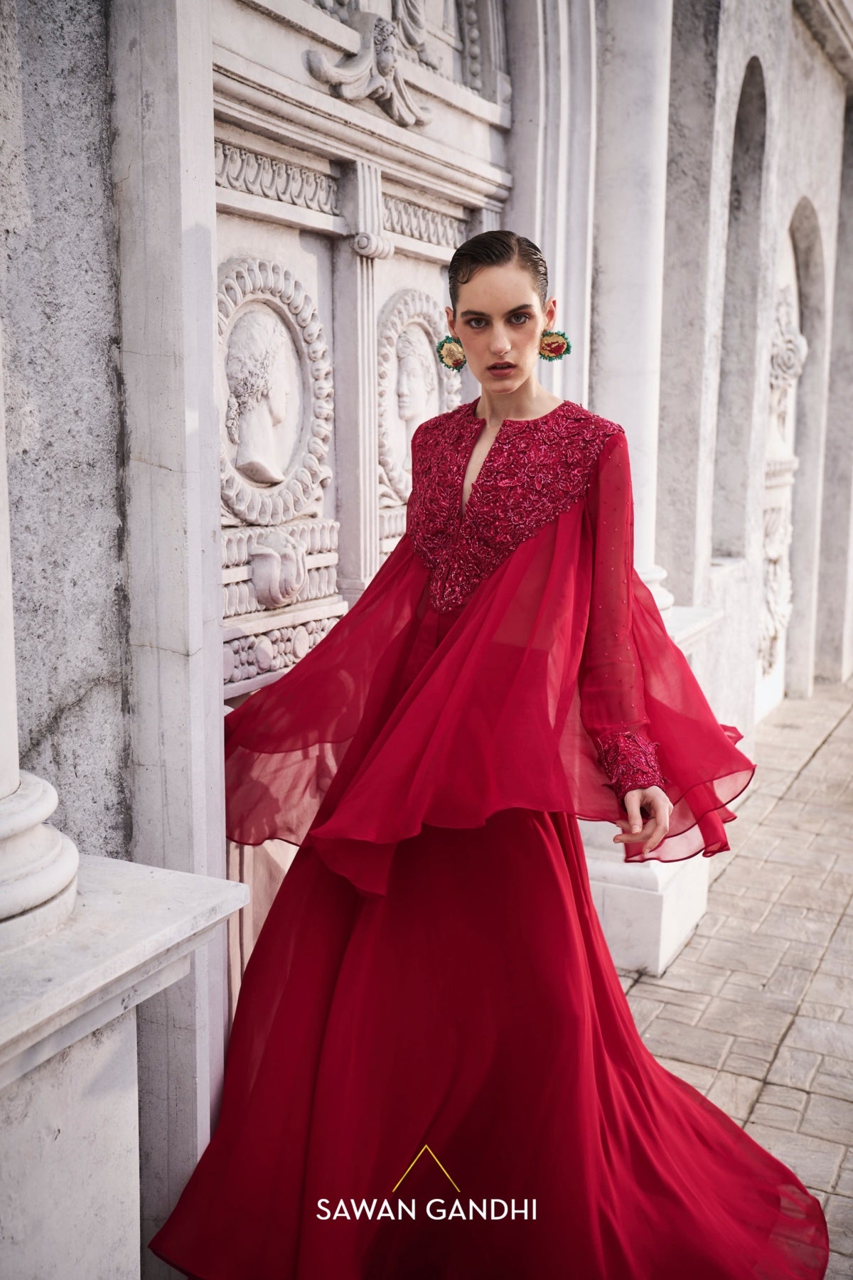 Red appliqué work co-ord set