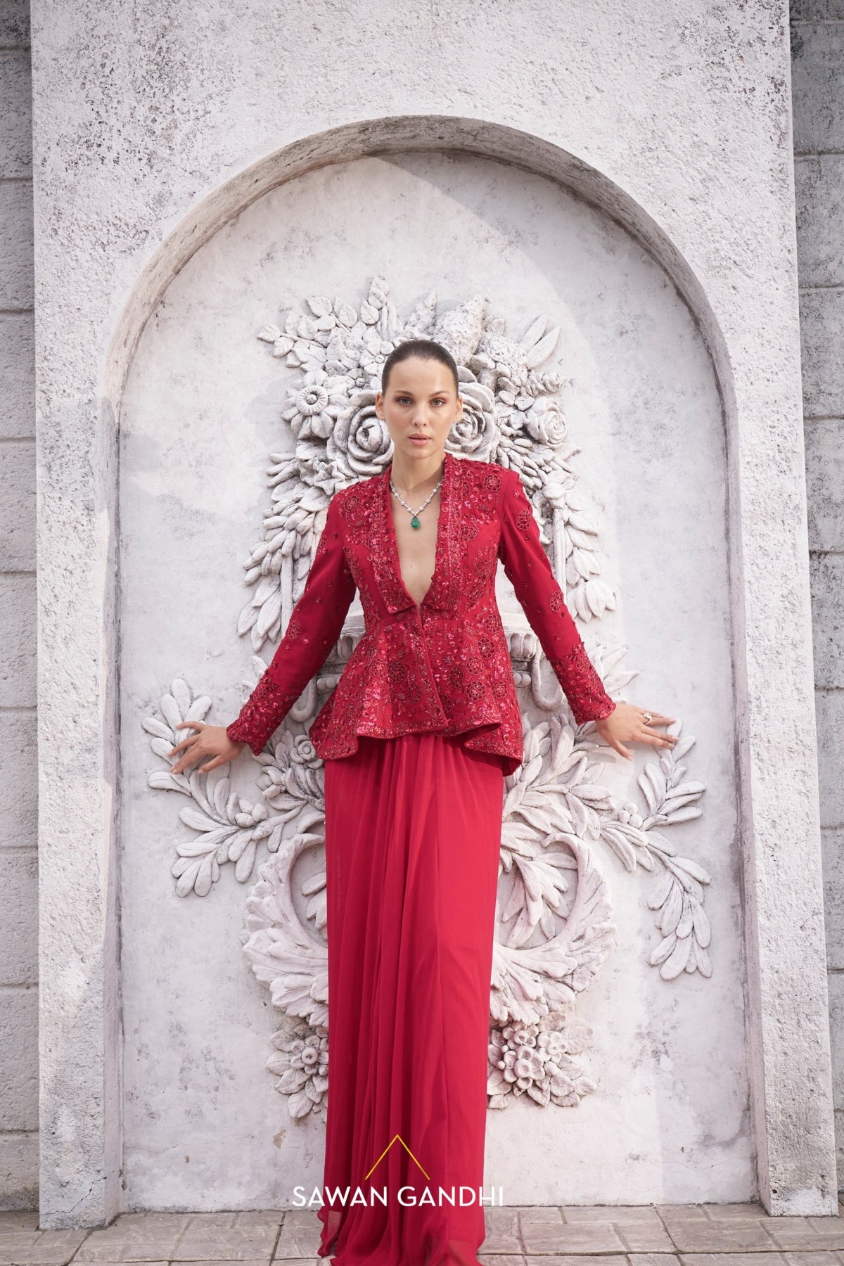 Red appliqué work peplum set