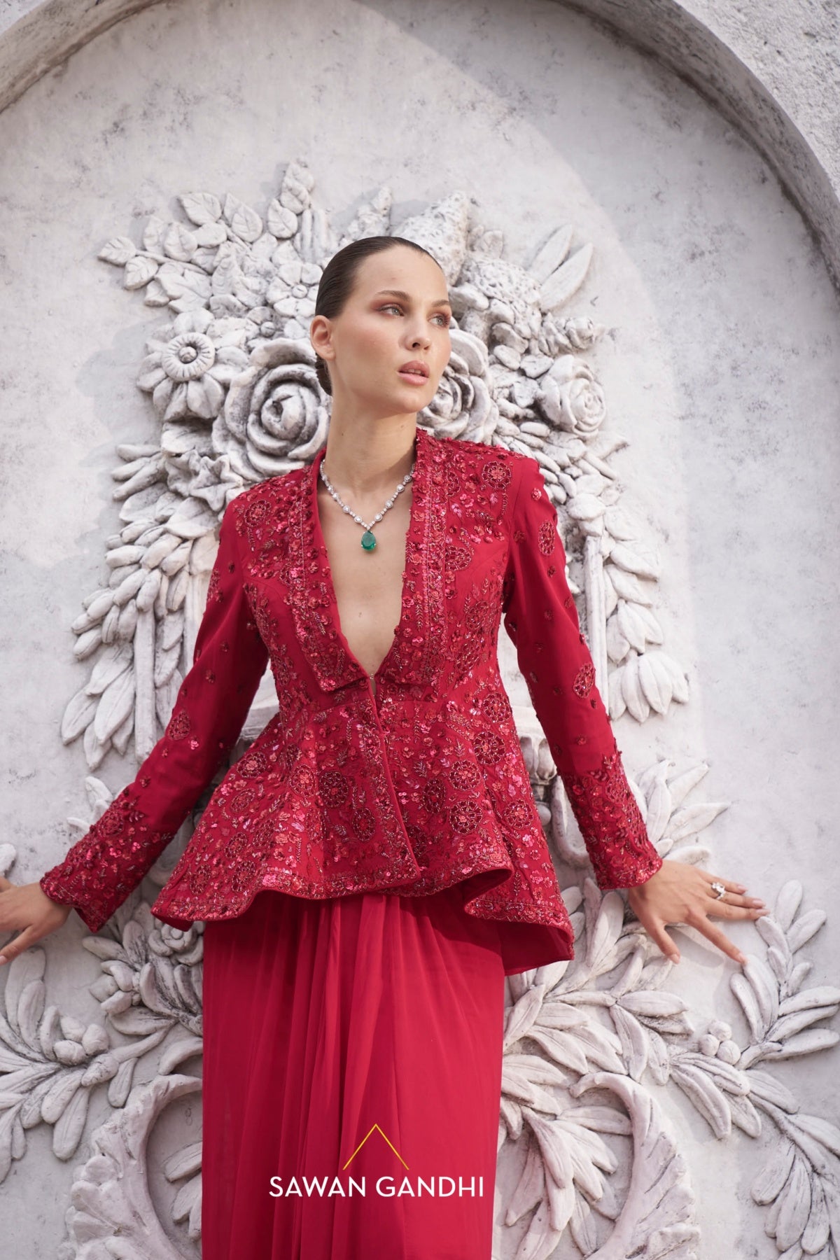 Red appliqué work peplum set