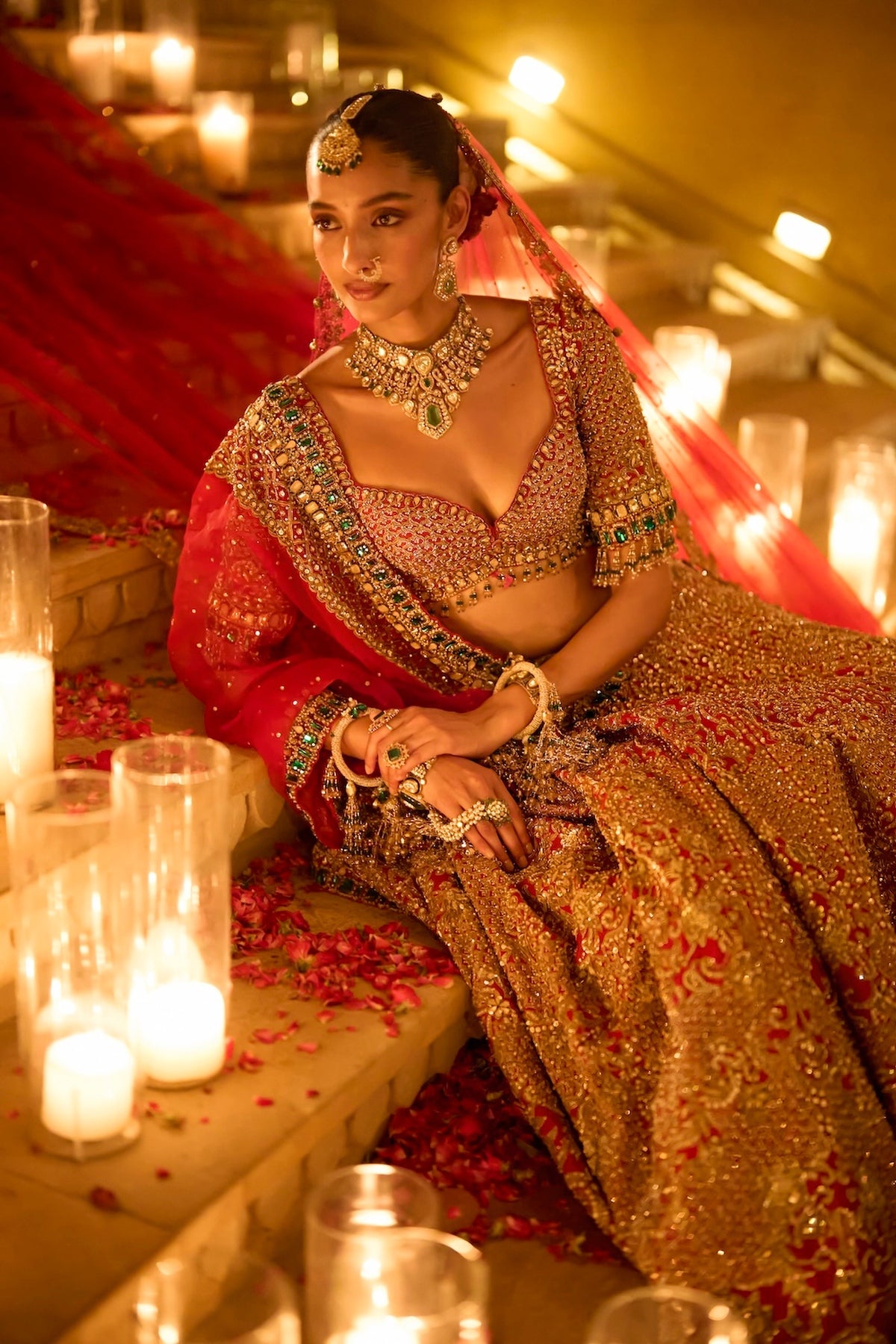 Red & Emerald Zardosi Lehenga Set
