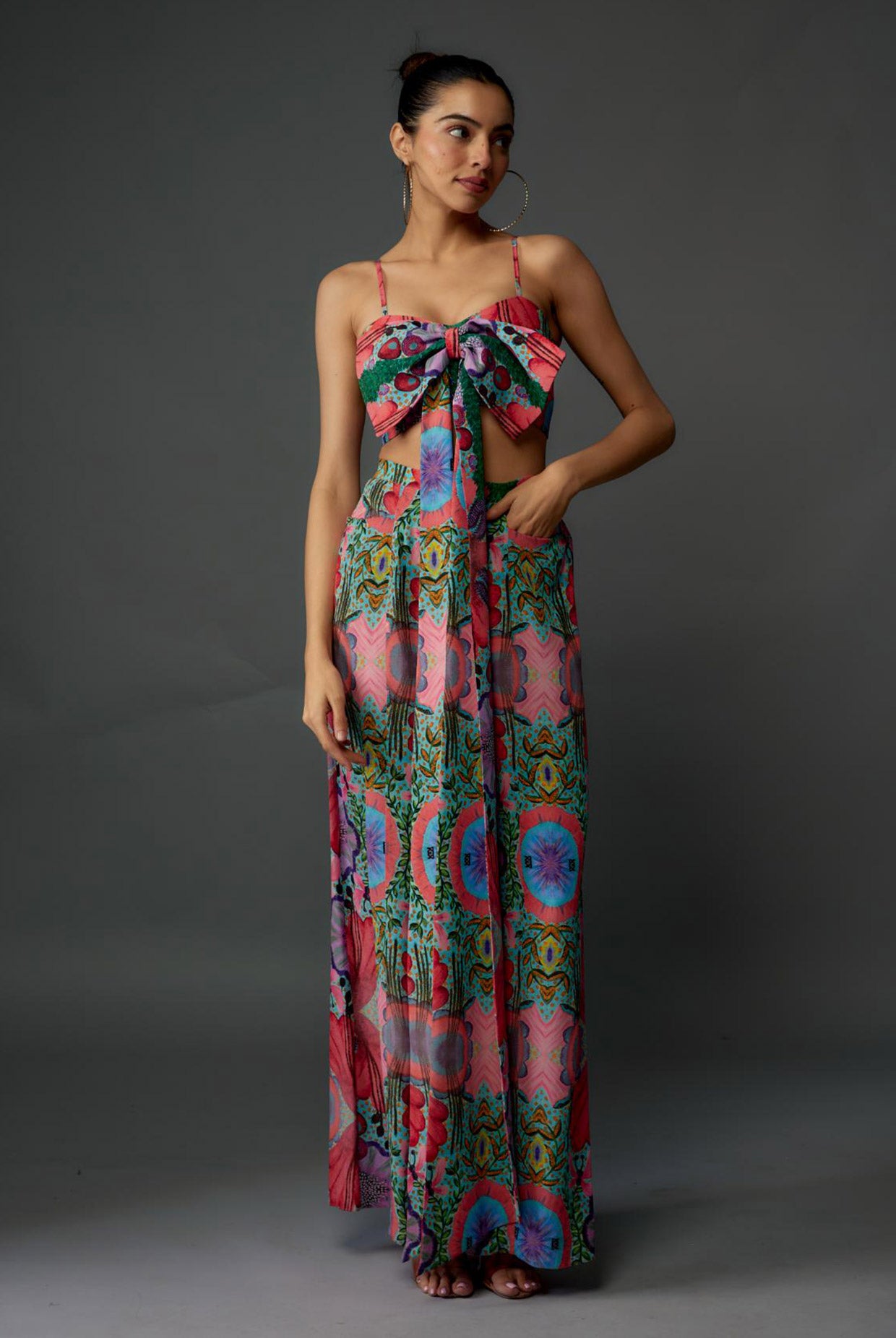 Red Enchanted Print Crepe Bow Tube & Palazzo Pant
