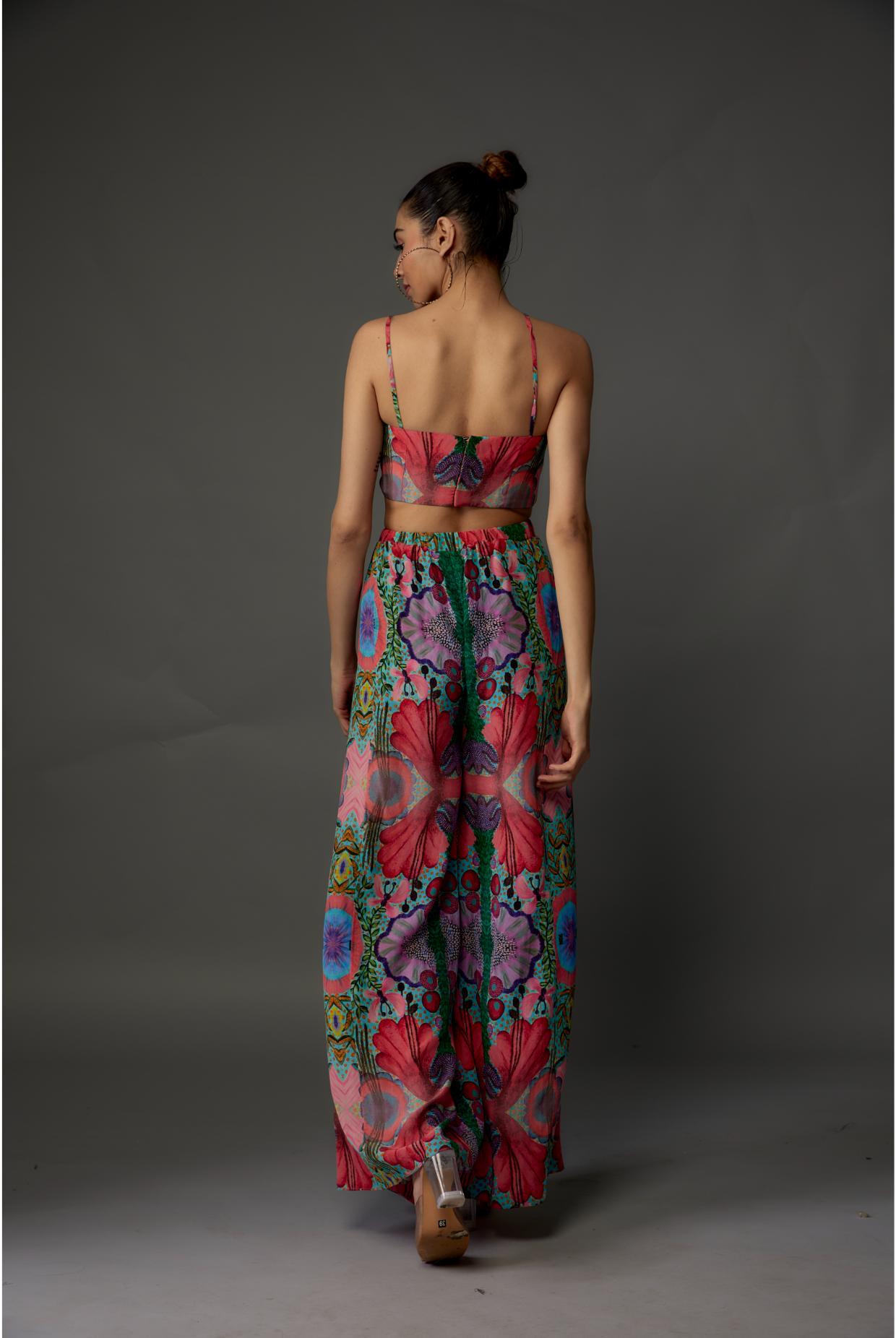 Red Enchanted Print Crepe Bow Tube & Palazzo Pant