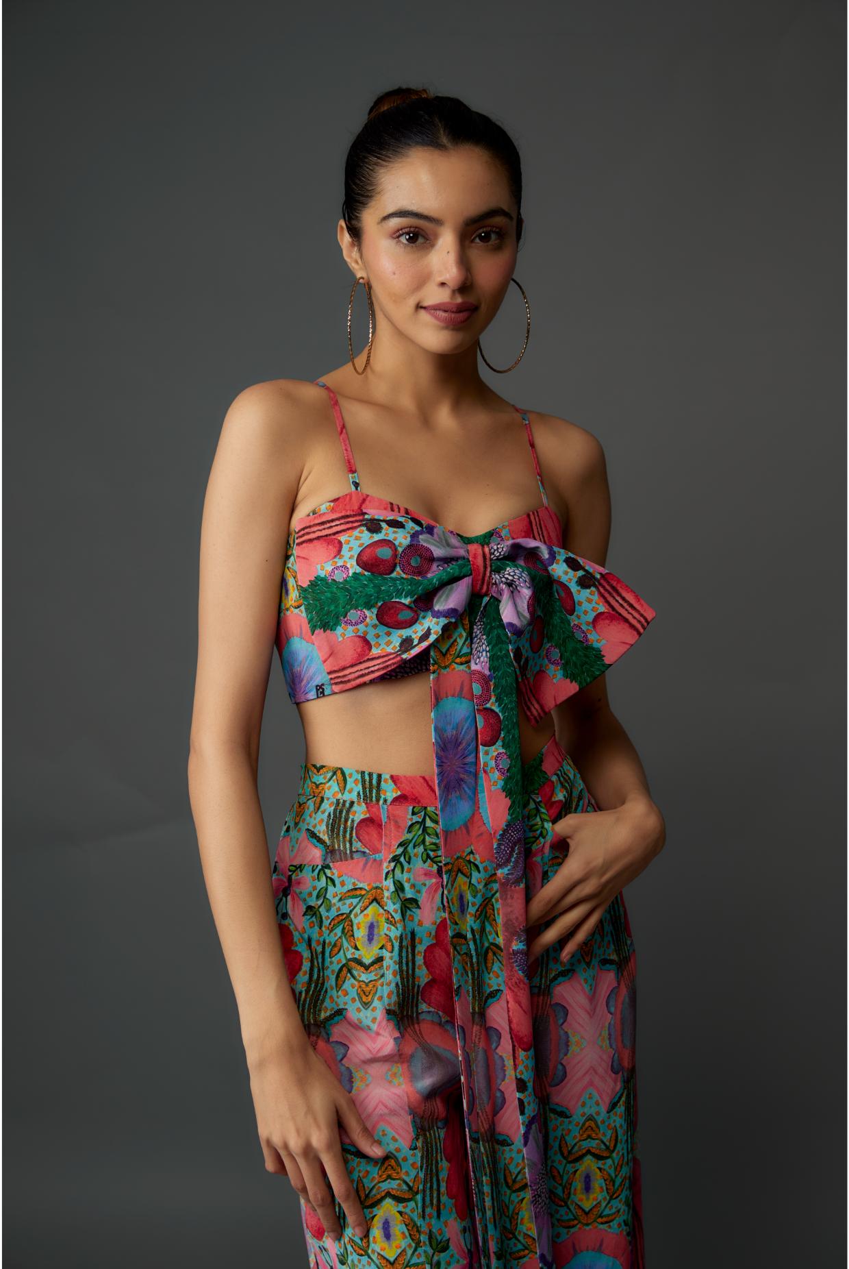 Red Enchanted Print Crepe Bow Tube & Palazzo Pant