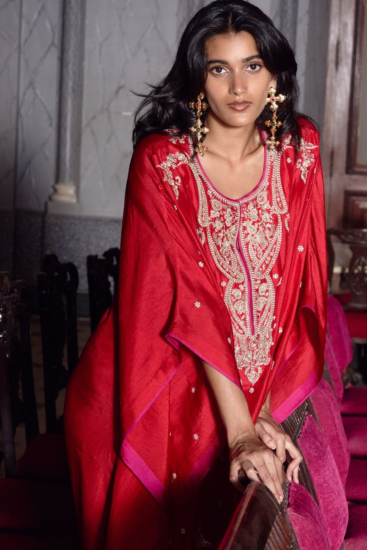 Red Flower Line Kaftan Set