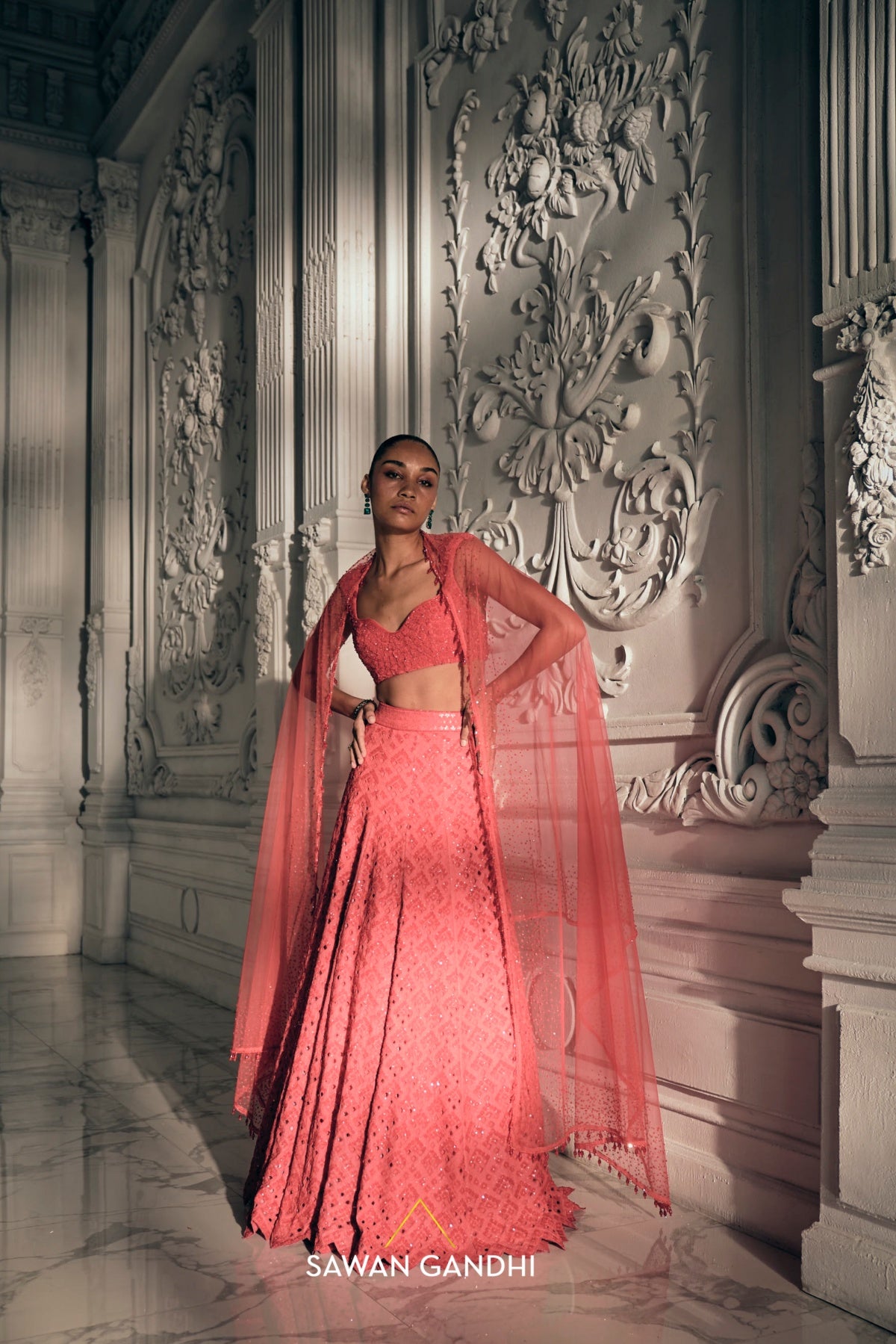 Red orange cutdana lehenga