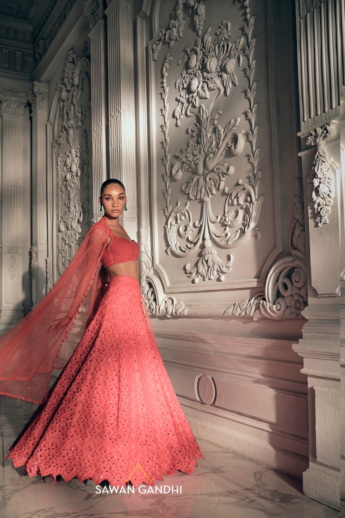 Red orange cutdana lehenga