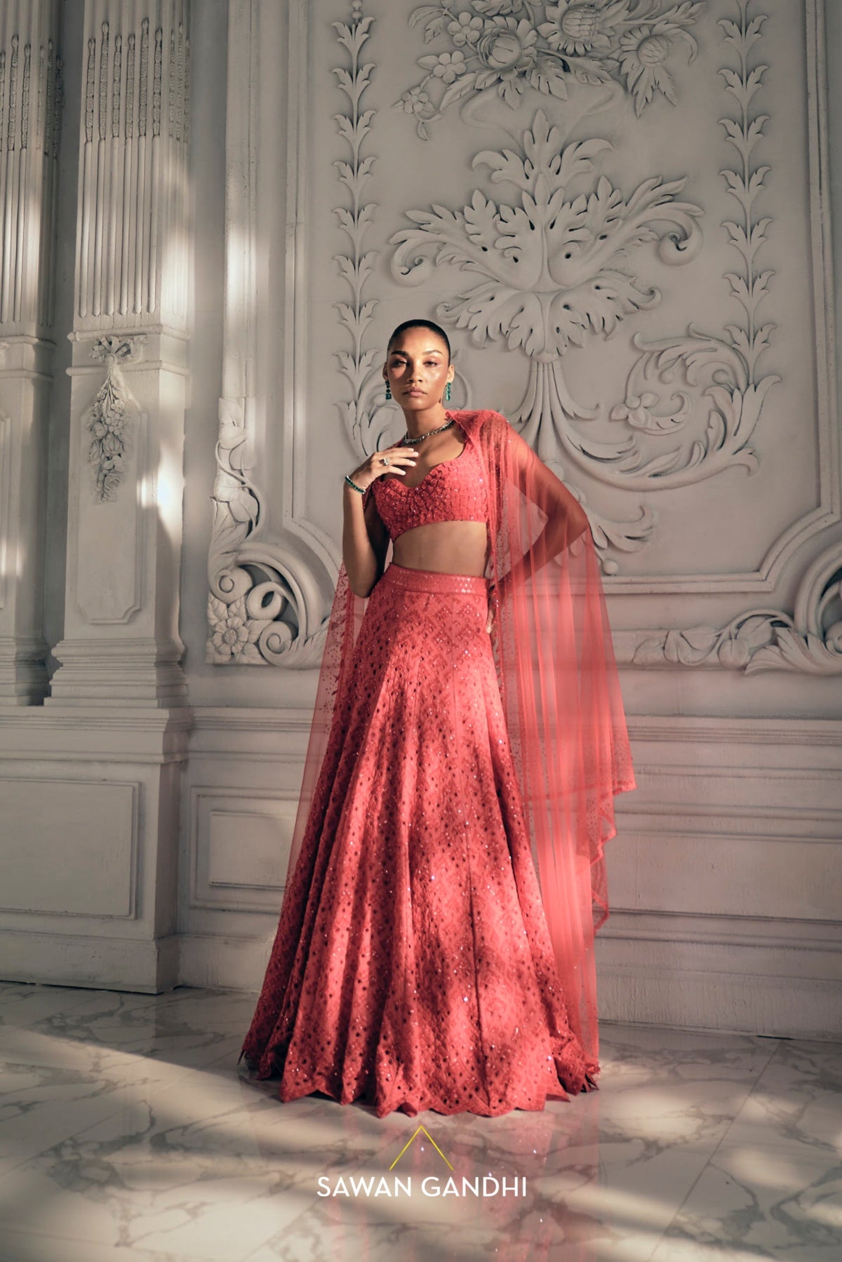 Red orange cutdana lehenga