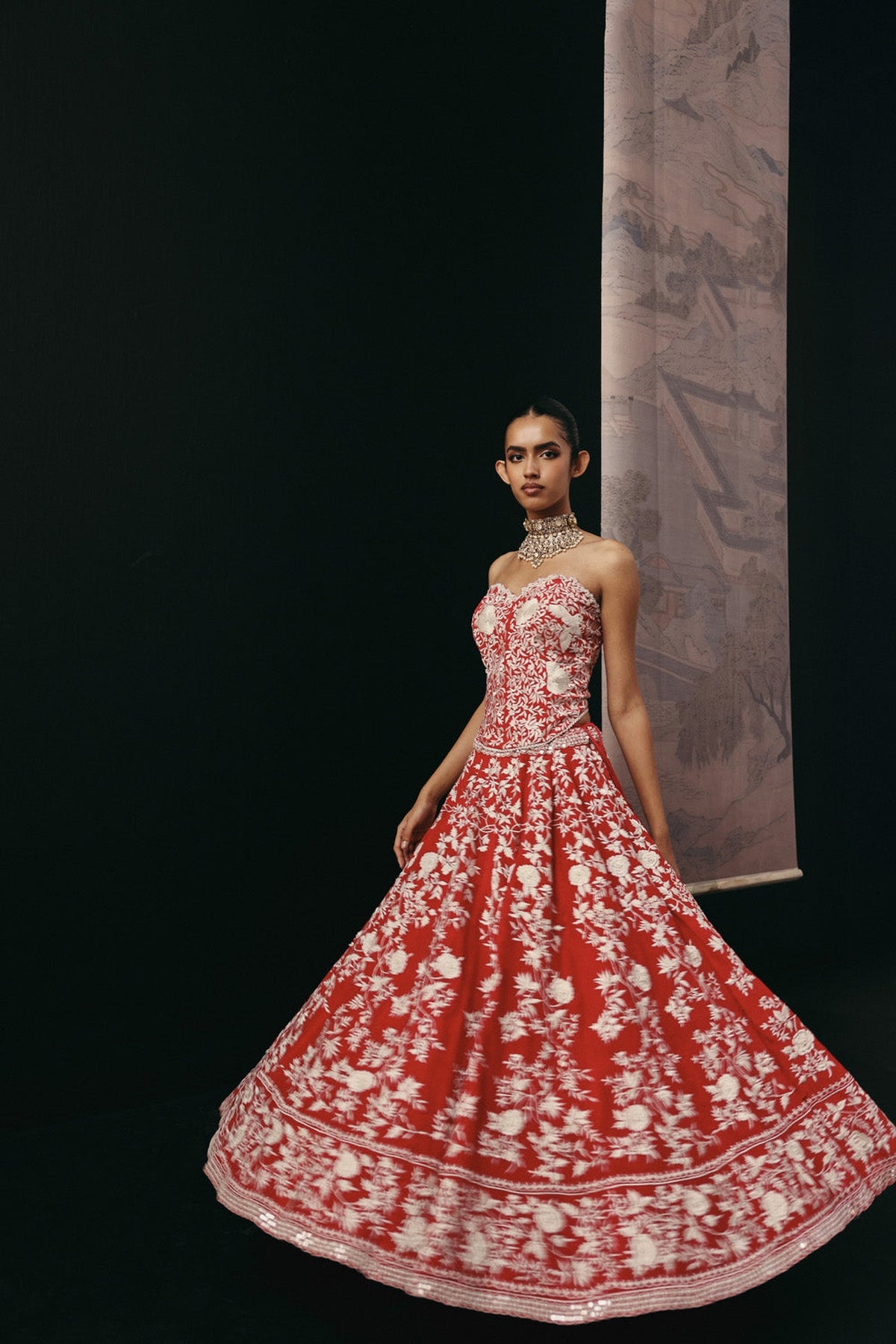 Red Parsi Gaara Lehenga with Cape Jacket and Corset