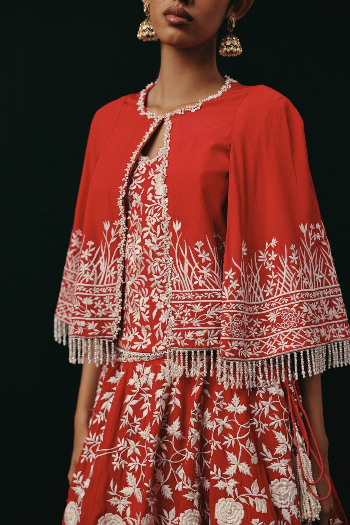 Red Parsi Gaara Lehenga with Cape Jacket and Corset