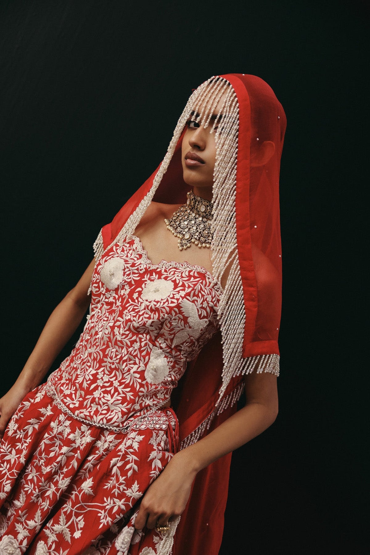 Red Parsi Gaara Lehenga with Corset Blouse and Organza Dupatta