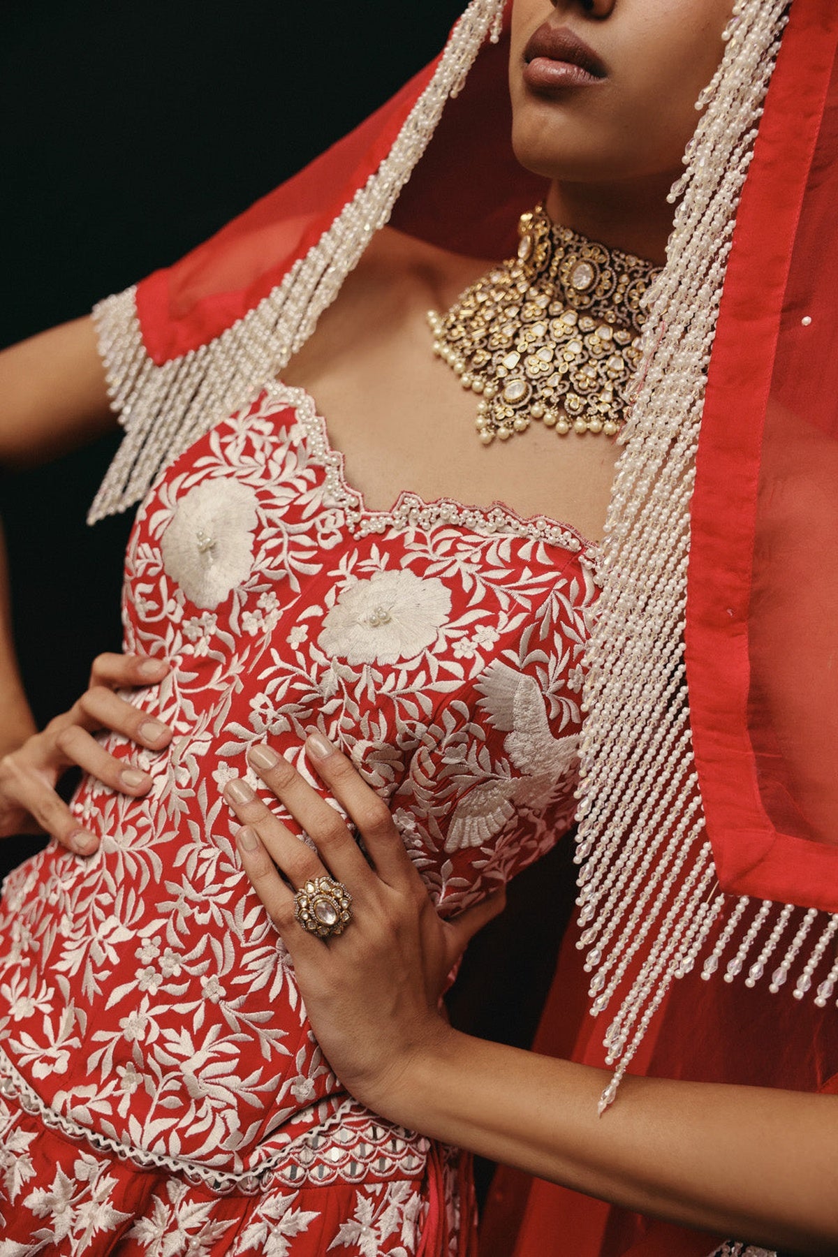 Red Parsi Gaara Lehenga with Corset Blouse and Organza Dupatta