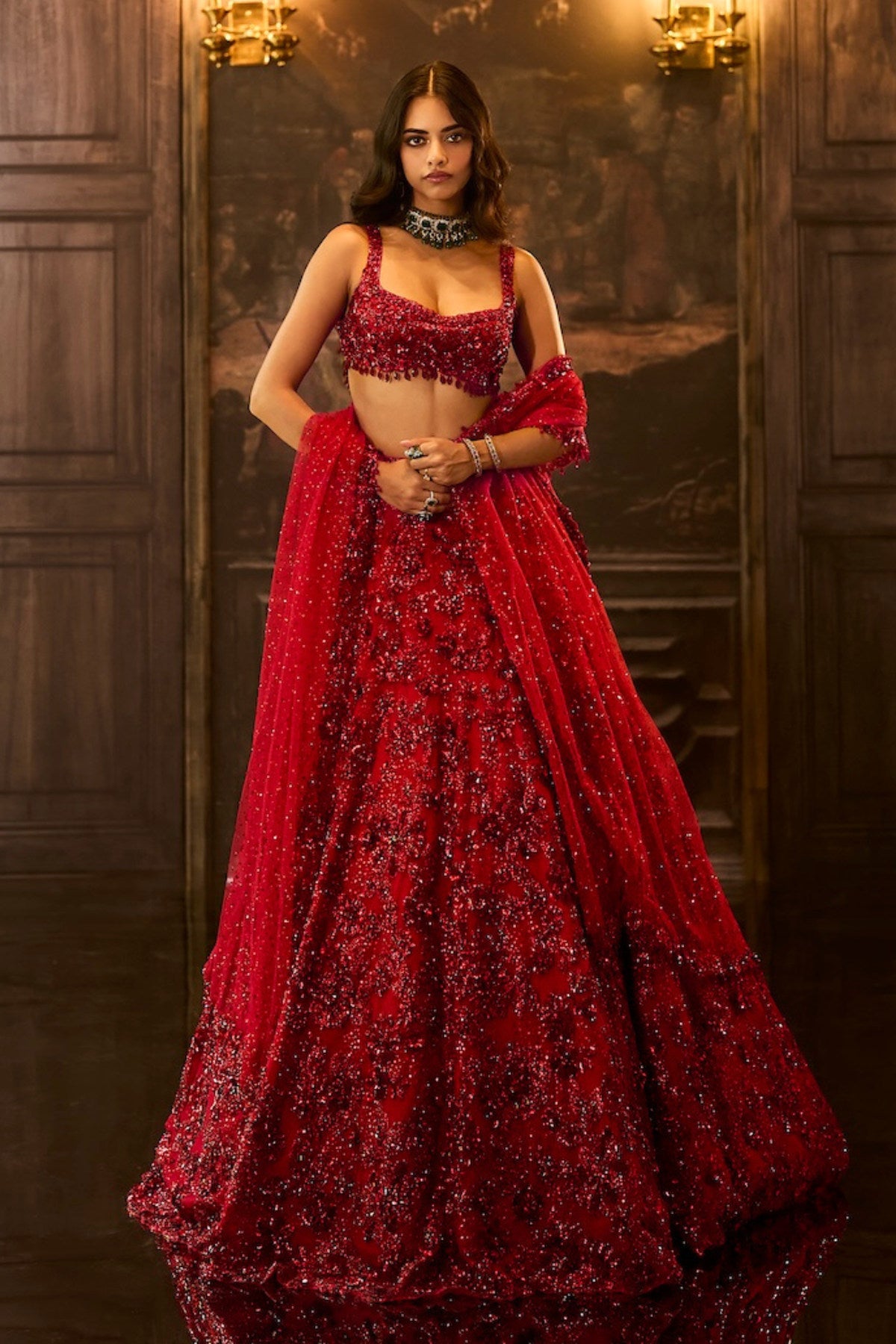 Red Sequin & Crystal Lehenga Set