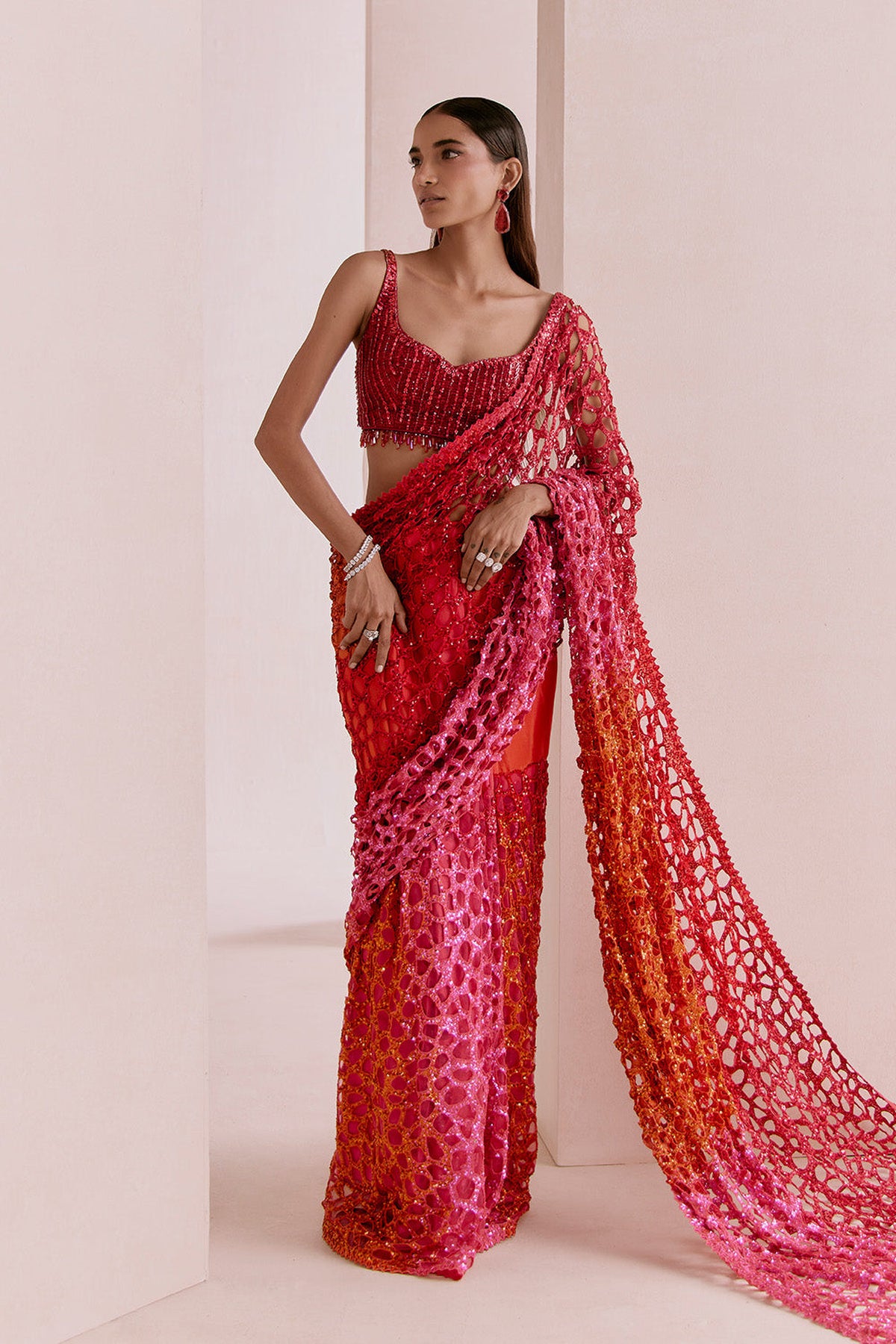 red to pink cutwork saree set