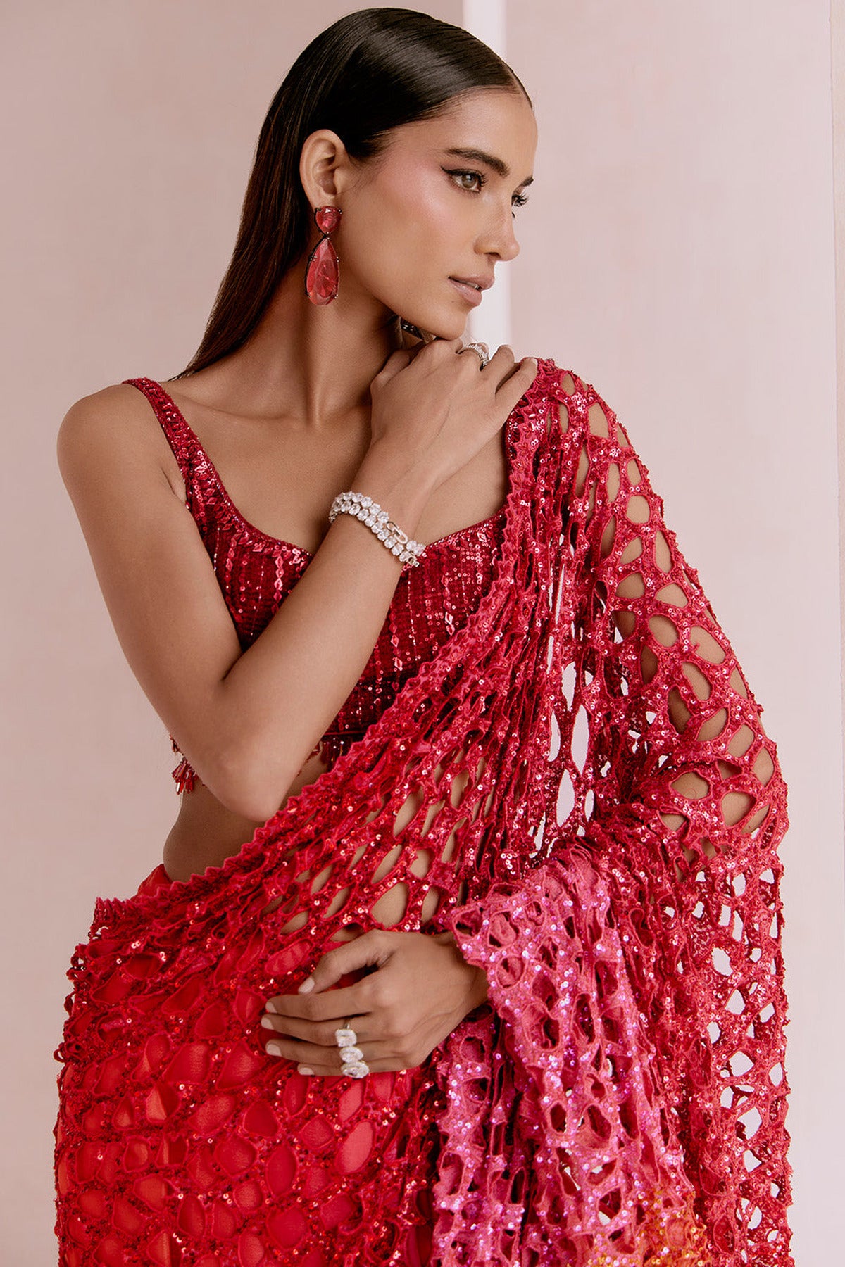 red to pink cutwork saree set
