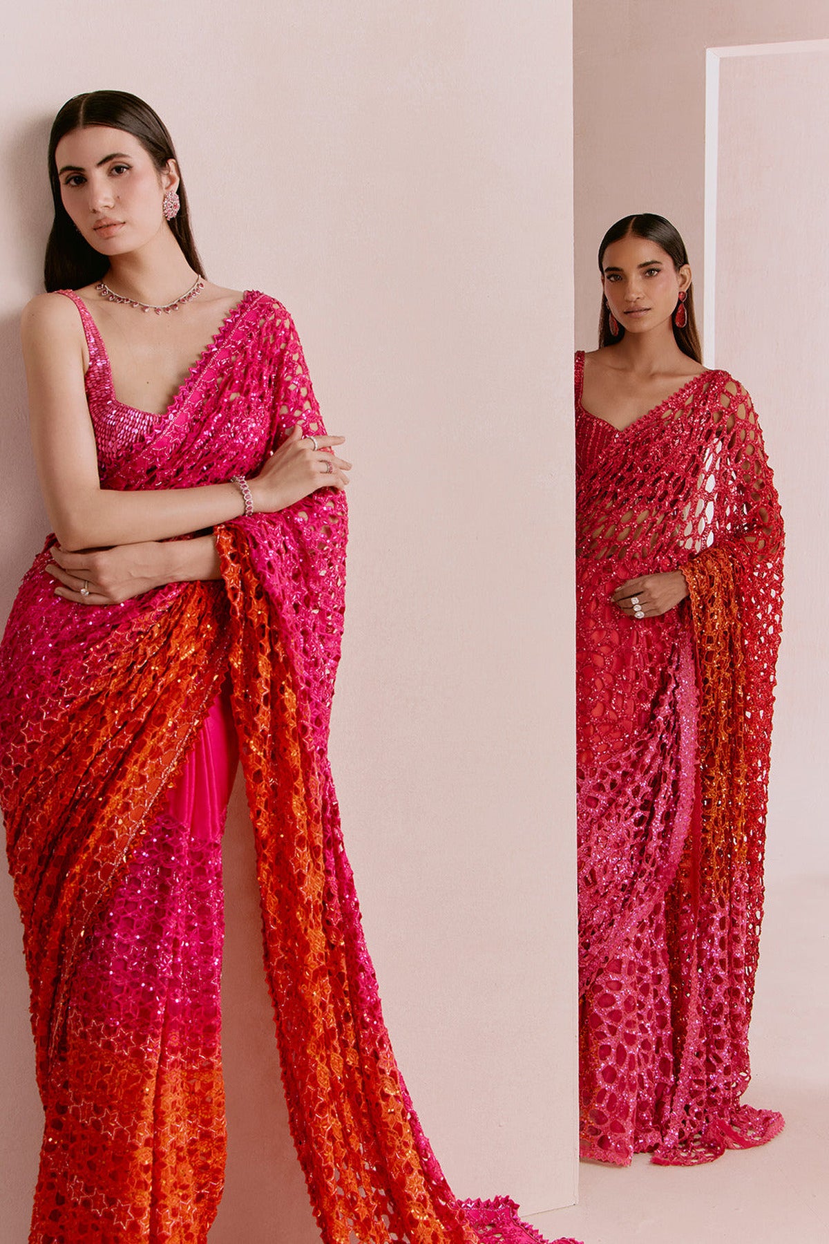 red to pink cutwork saree set
