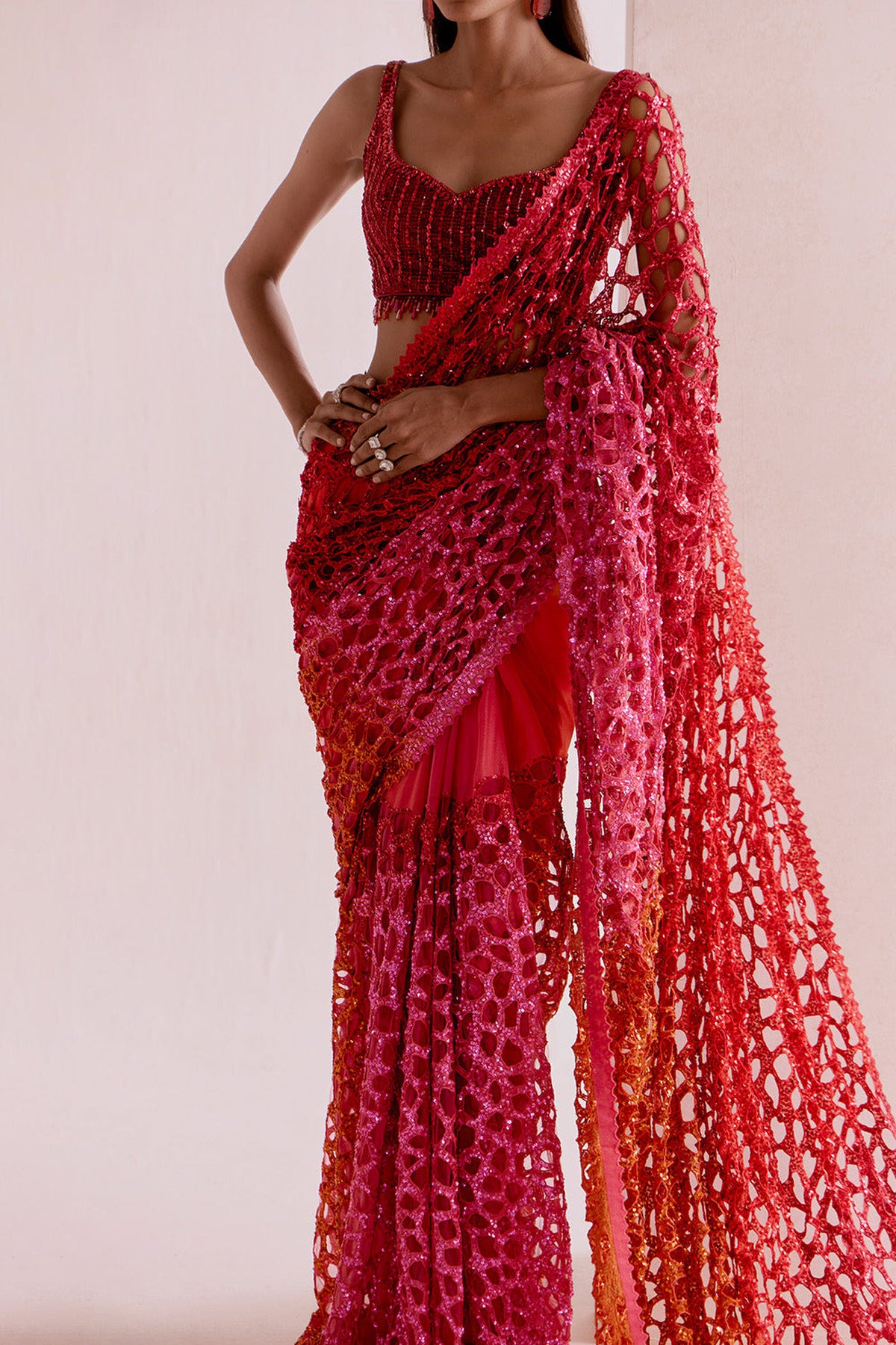 red to pink cutwork saree set