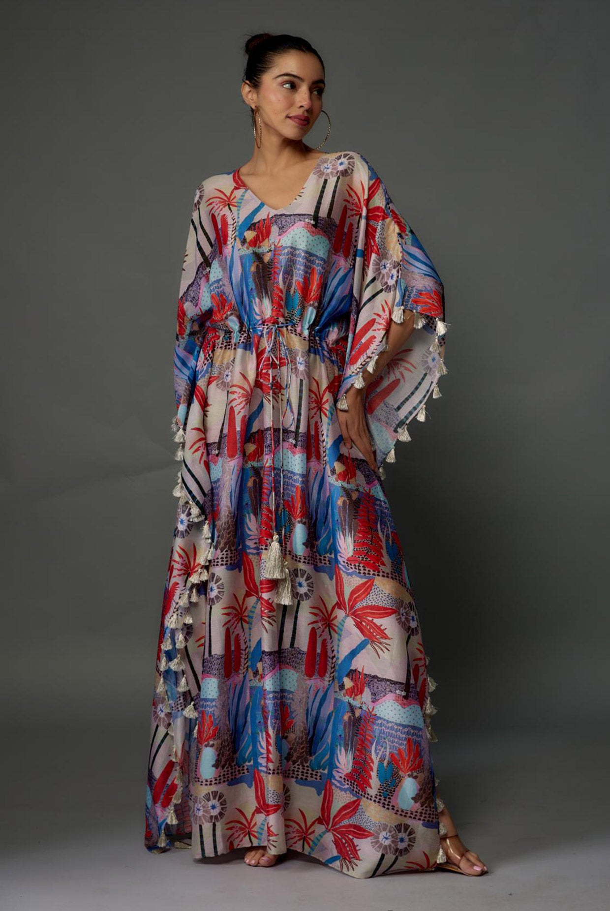 Red Tropical Print Silkmul Kaftan With Tassels