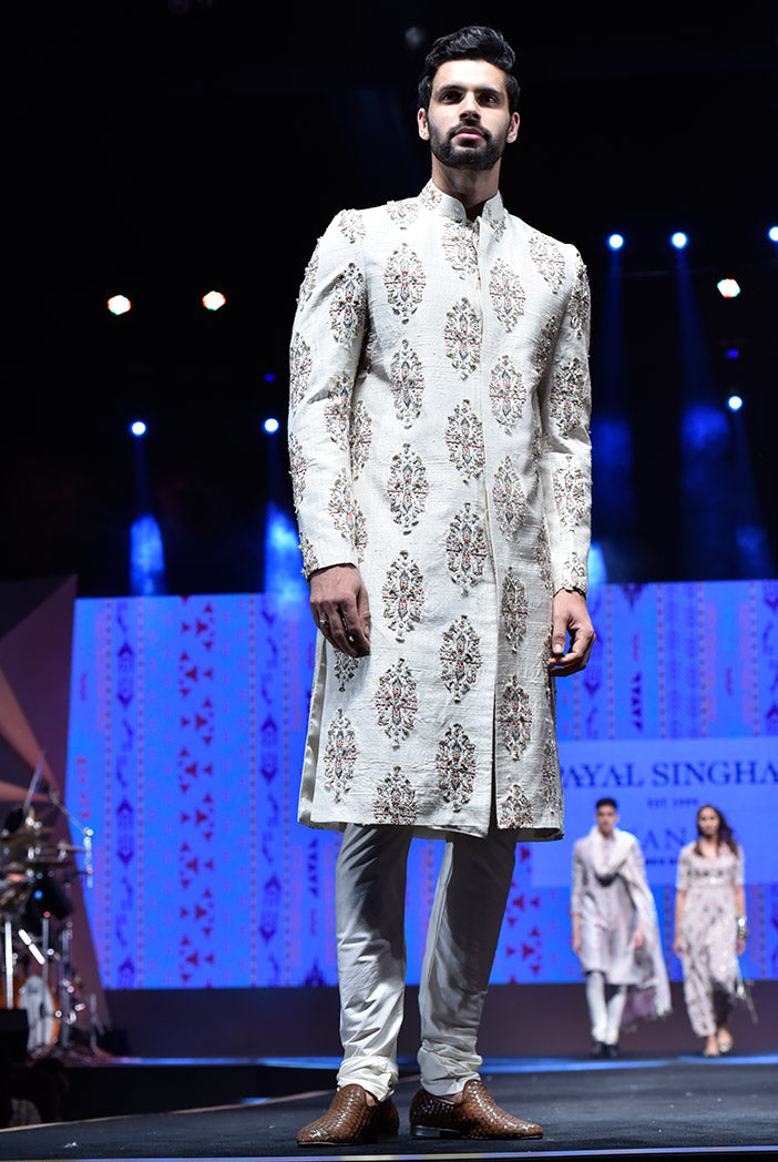 REYHAN CREAM PRINTED DUPION SILK SHERWANI WITH OFF WHITE COTTON SILK CHURIDAR