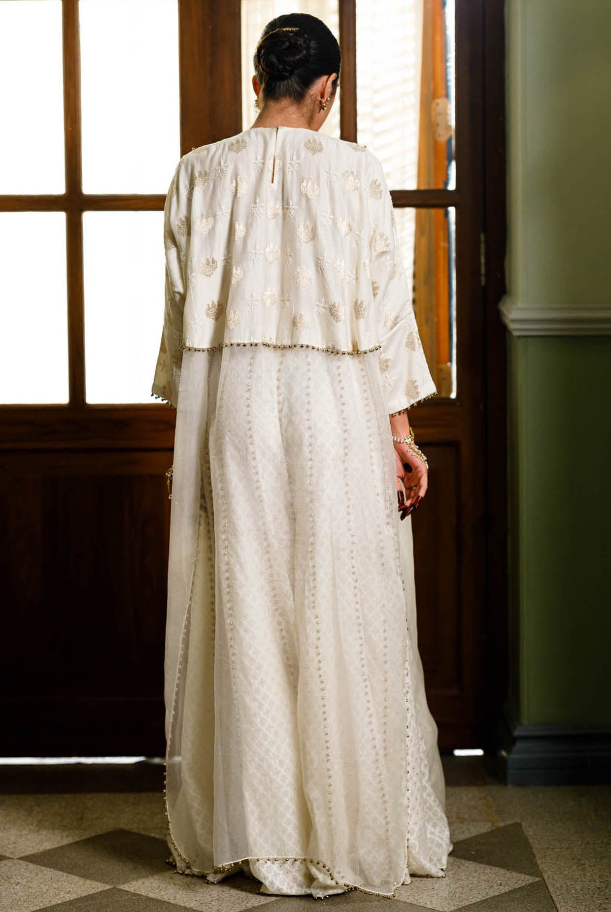 Roha Off White Anarkali Buta Embroidered Raneem Tunic With Sharara