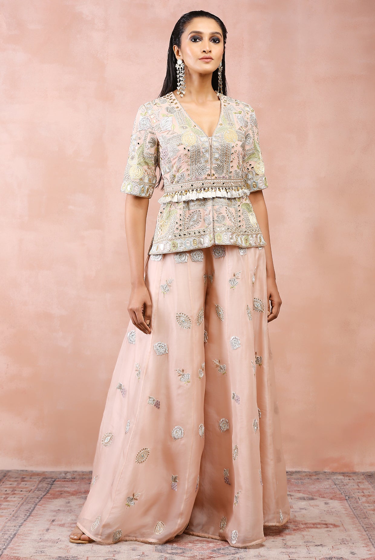 ROSE PINK APPLIQUE EMBROIDERD SHORT KURTA WITH BELT AND ORGANZA SHARARA