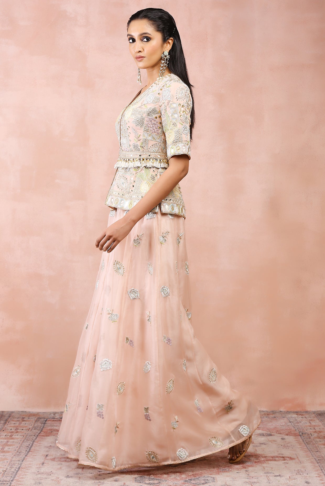 ROSE PINK APPLIQUE EMBROIDERD SHORT KURTA WITH BELT AND ORGANZA SHARARA