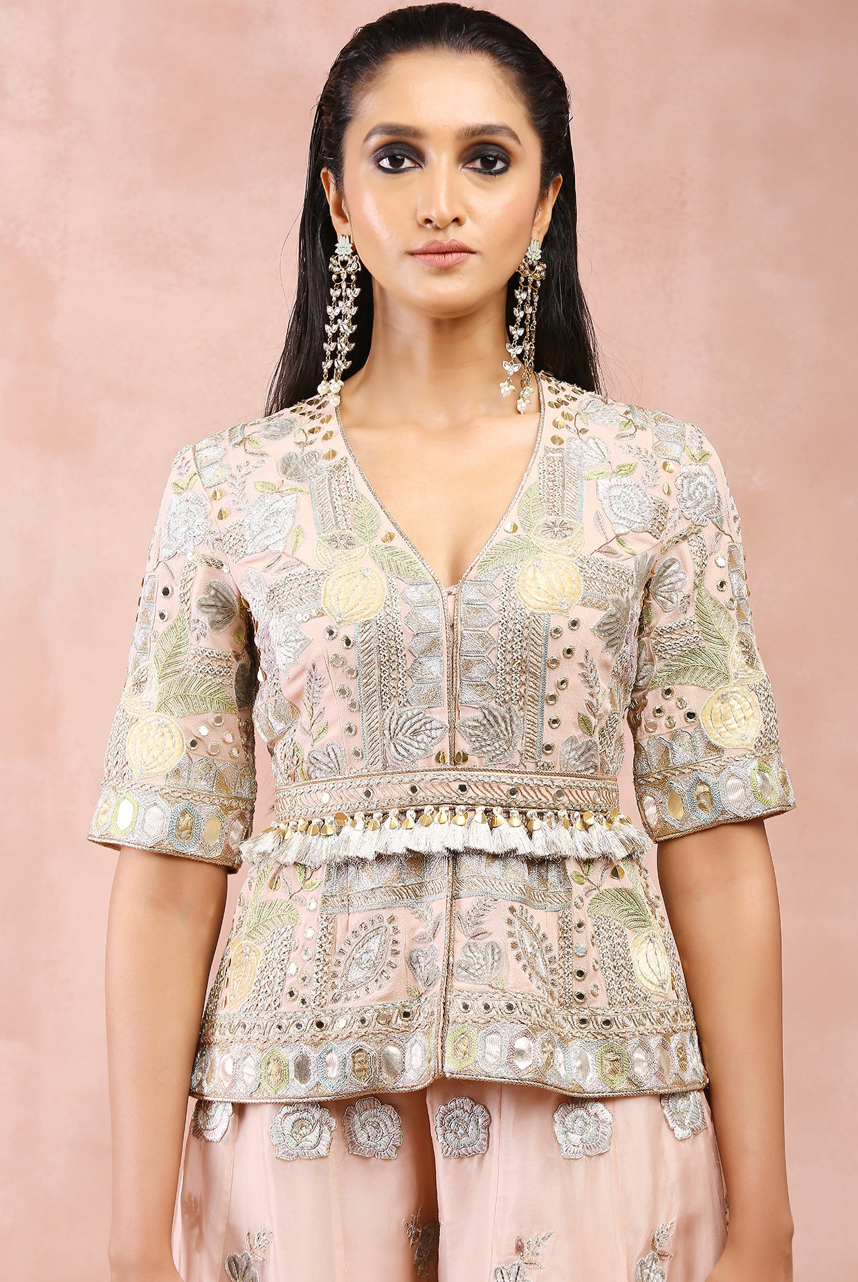 ROSE PINK APPLIQUE EMBROIDERD SHORT KURTA WITH BELT AND ORGANZA SHARARA