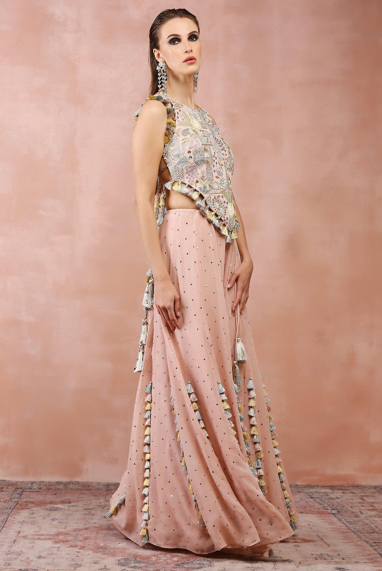 ROSE PINK APPLIQUE EMBROIDERED CHOLI WITH SHARARA