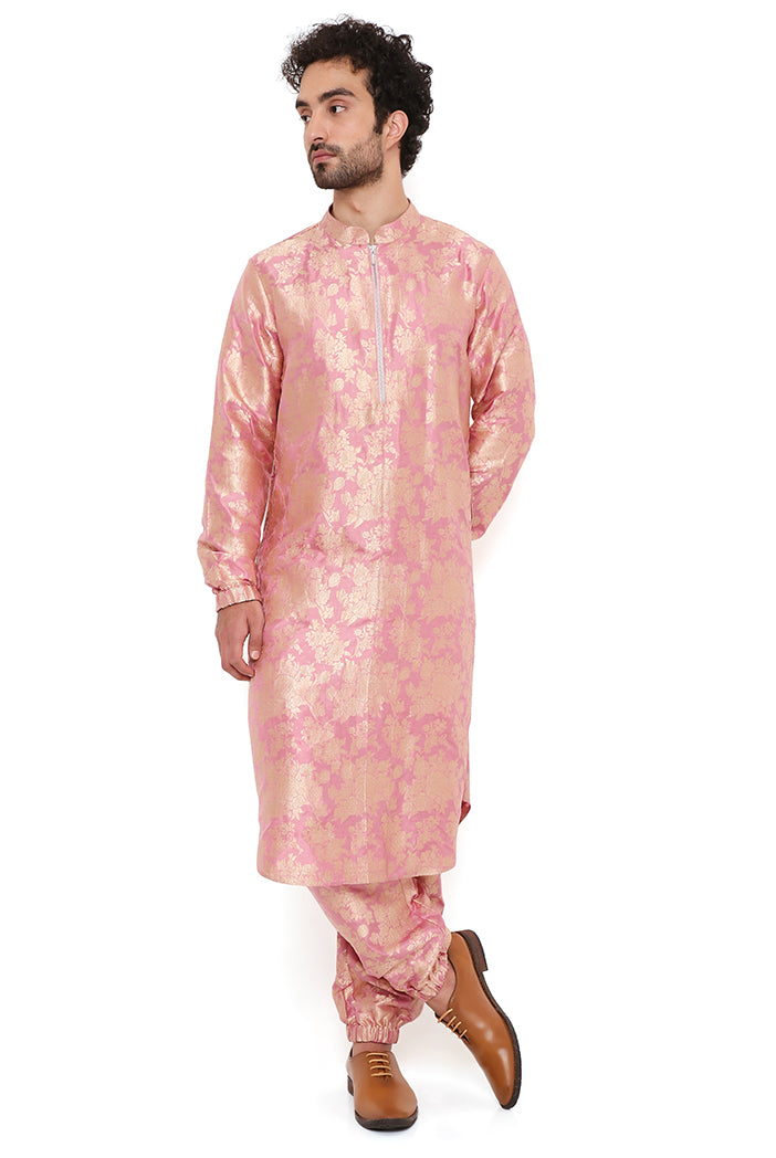ROSE PINK SILK BROCADE BOMBER KURTA WITH JOGGER PANT