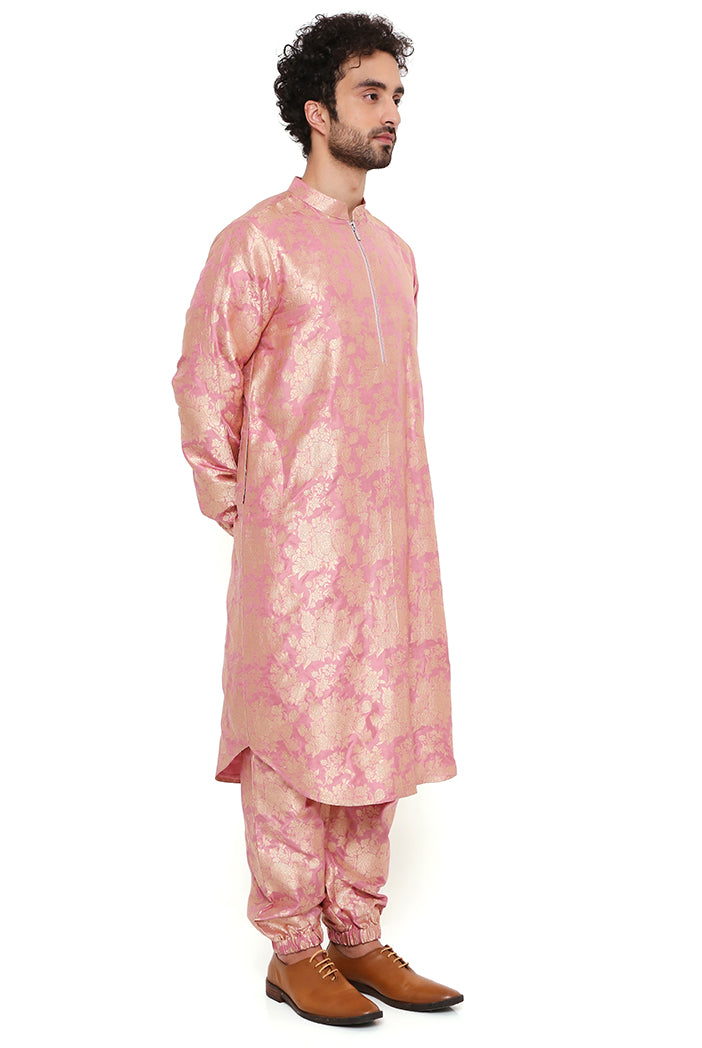 ROSE PINK SILK BROCADE BOMBER KURTA WITH JOGGER PANT