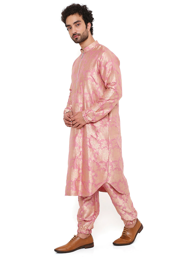 ROSE PINK SILK BROCADE BOMBER KURTA WITH JOGGER PANT