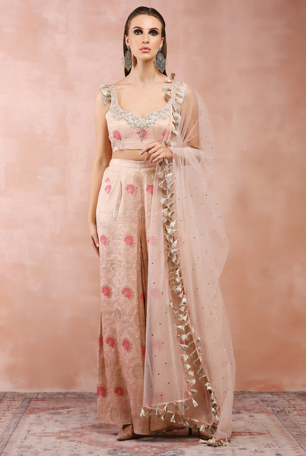 Pink Real Chinon Silk Choli, Plazzo with Embroidered Dupatta- Rent