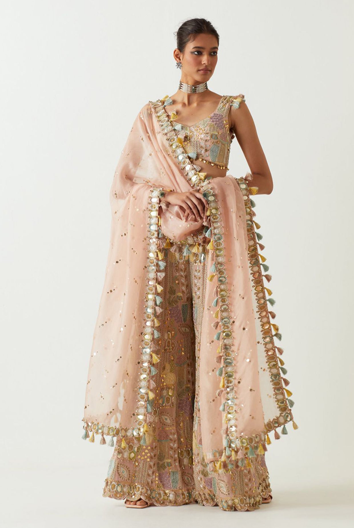 Rose Pink Embroidered Choli And Sharara With Embroidered Dupatta