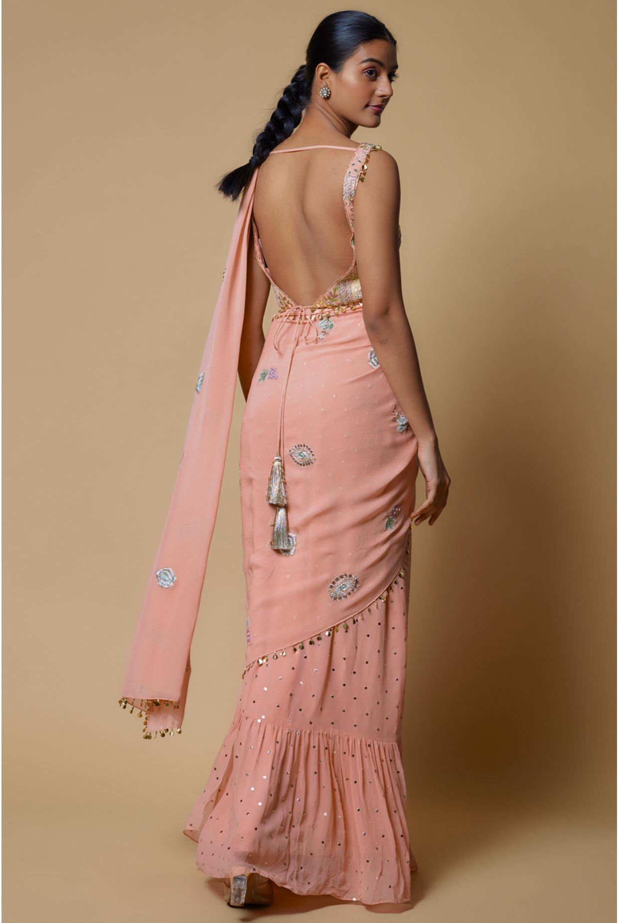 Rose Pink Embroidered Choli With Frill Pre-stitched Saree