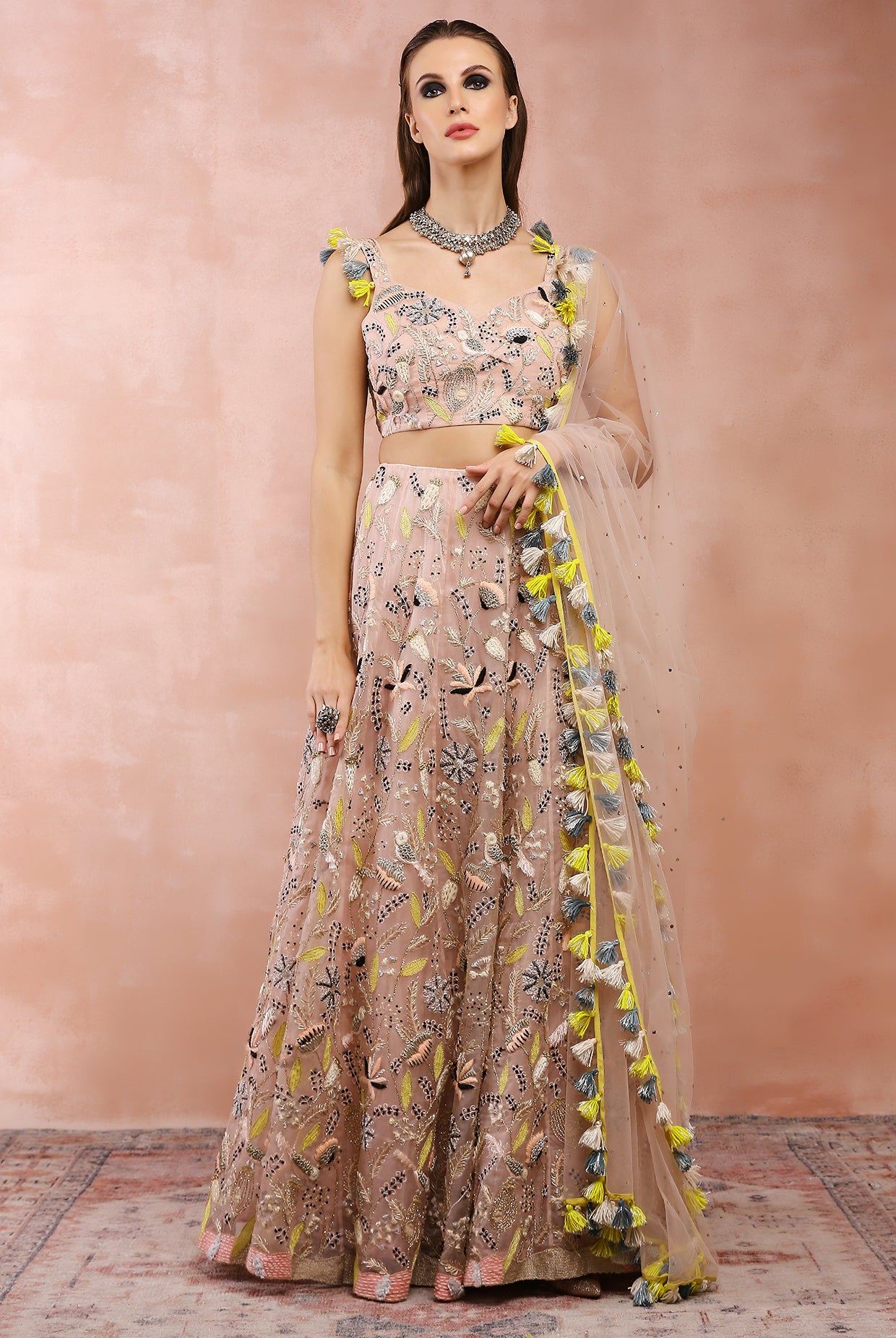 ROSE PINK EMBROIDERED CHOLI WITH LEHENGA AND DUPATTA