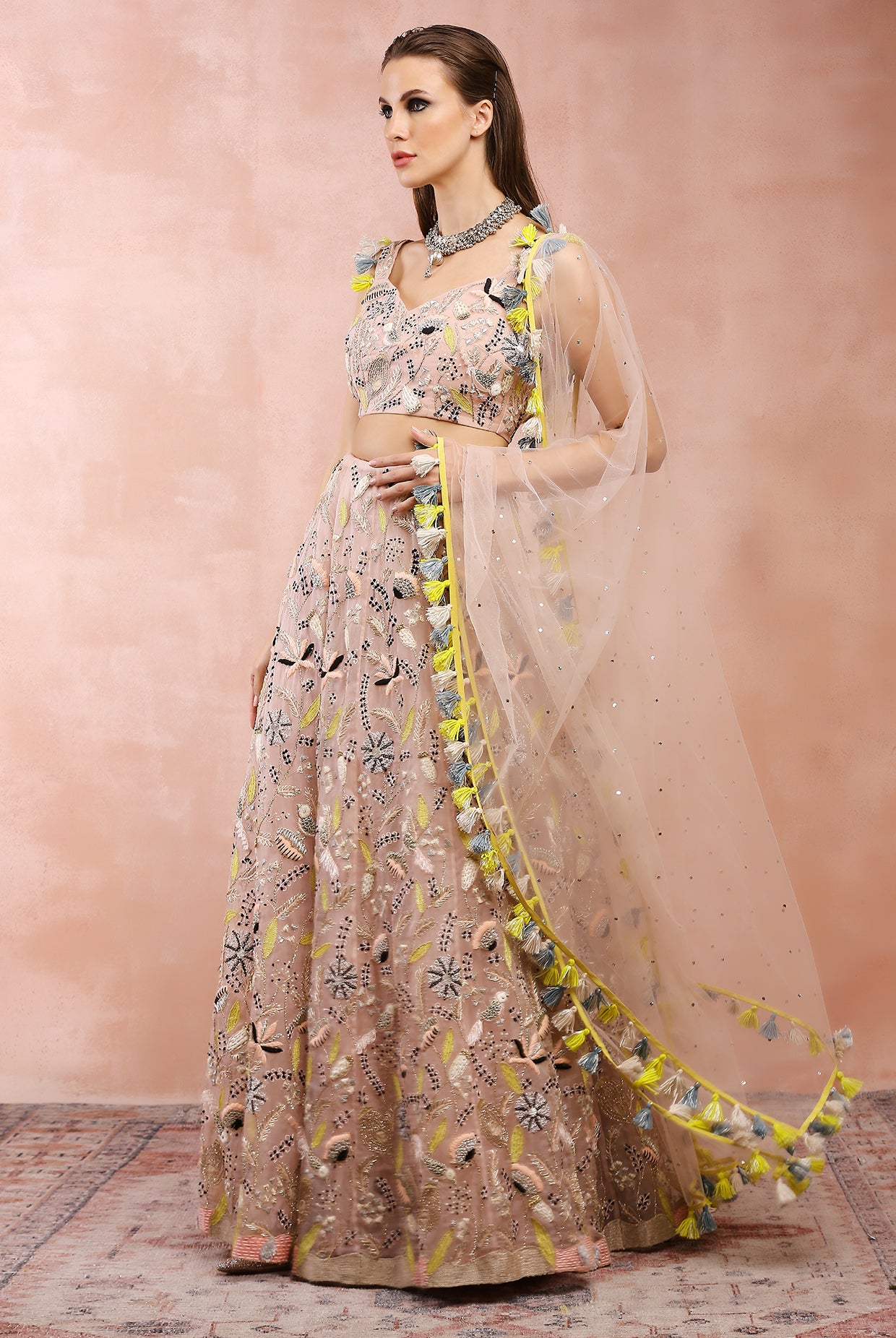 ROSE PINK EMBROIDERED CHOLI WITH LEHENGA AND DUPATTA