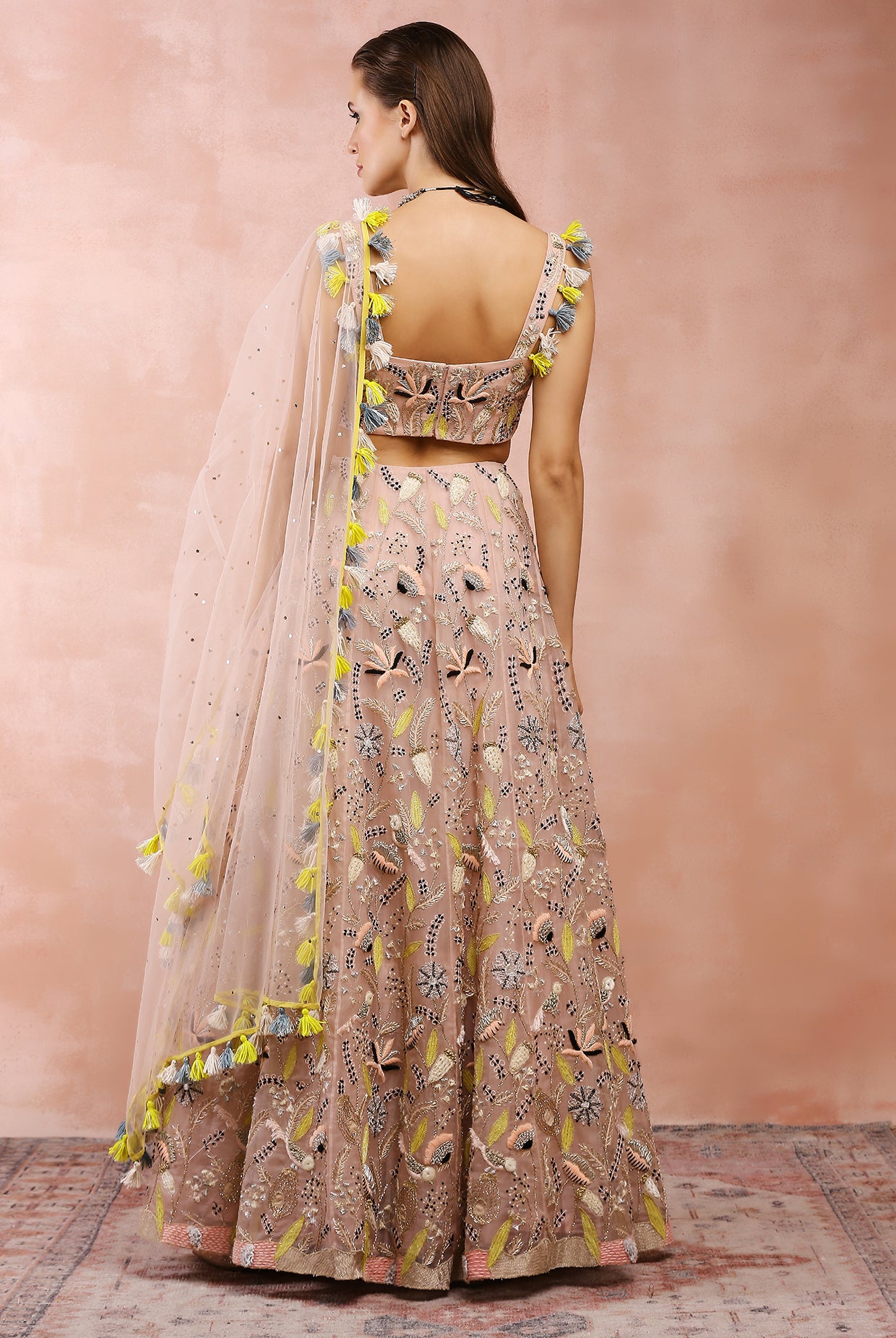 ROSE PINK EMBROIDERED CHOLI WITH LEHENGA AND DUPATTA