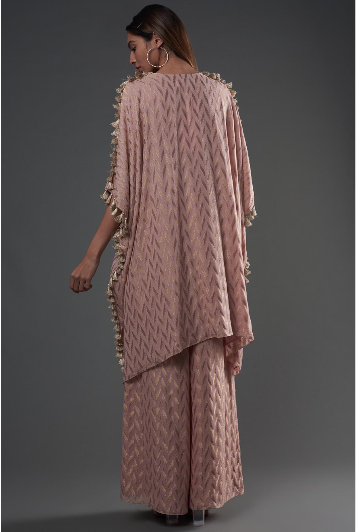 Rose Pink Embroidered Kaftan With Palazzo