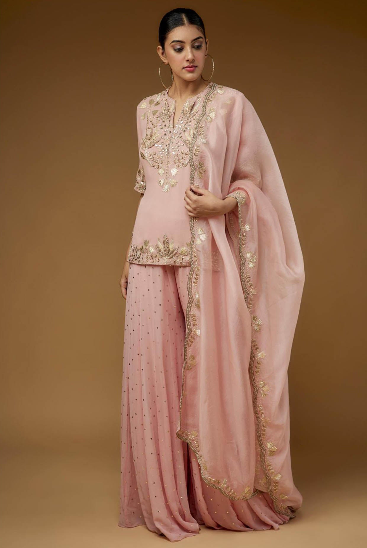 Rose Pink Embroidered Kurta And Sharara With Embroidered Dupatta