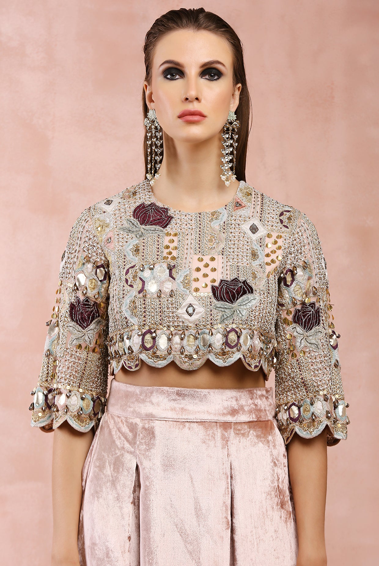 ROSE PINK EMBROIDERED TOP WITH LOWCROTCH PANT