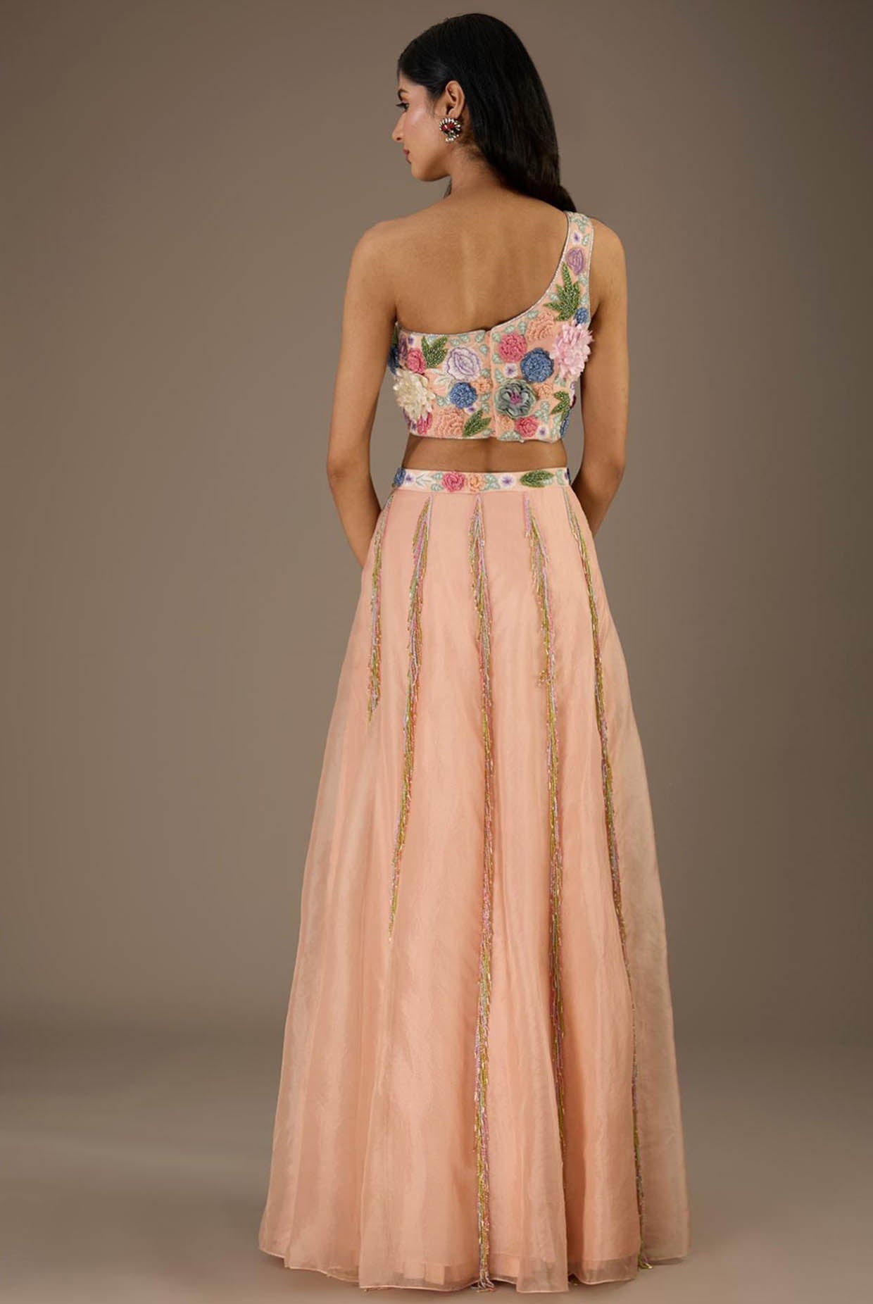 Rose Pink Embroidred One Shoulder Choli With Embroidred Belt Lehenga With Dupatta