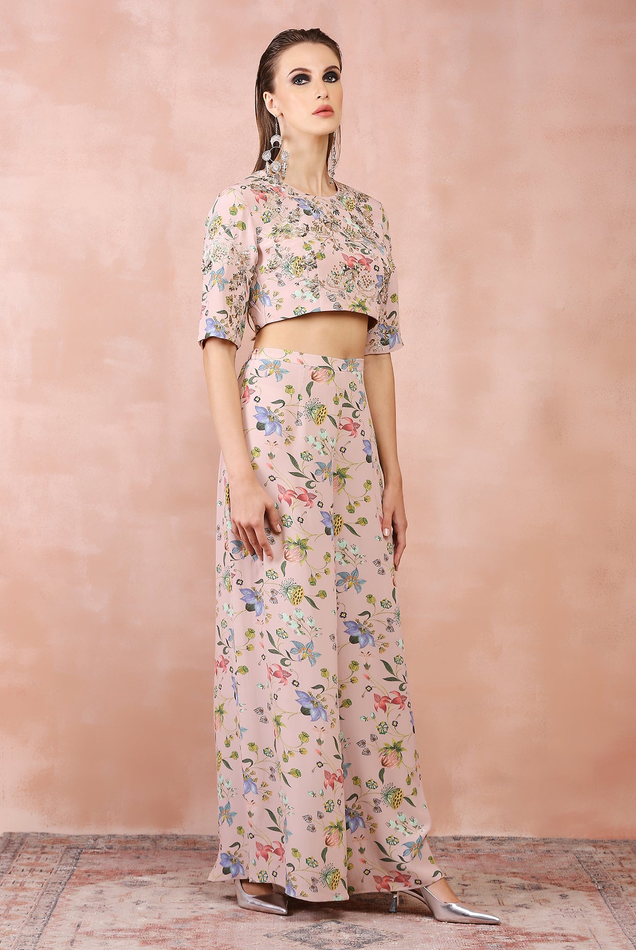 ROSE PINK NARGIS PRINT EMBROIDERED TOP WITH PALAZZO