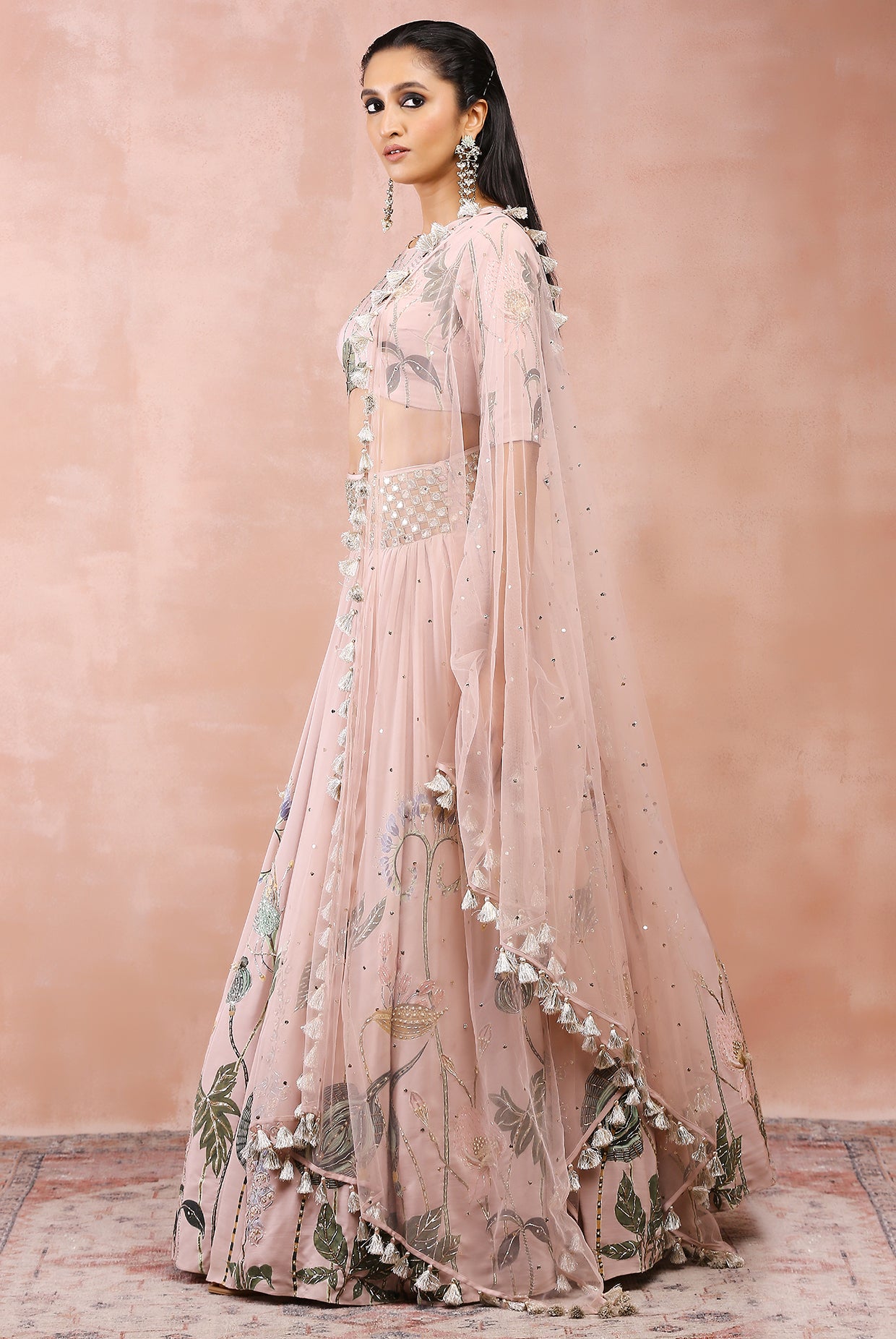ROSE PINK NILOUFAR PRINT EMBROIDERED CHOLI WITH LEHENGA AND DUPATTA