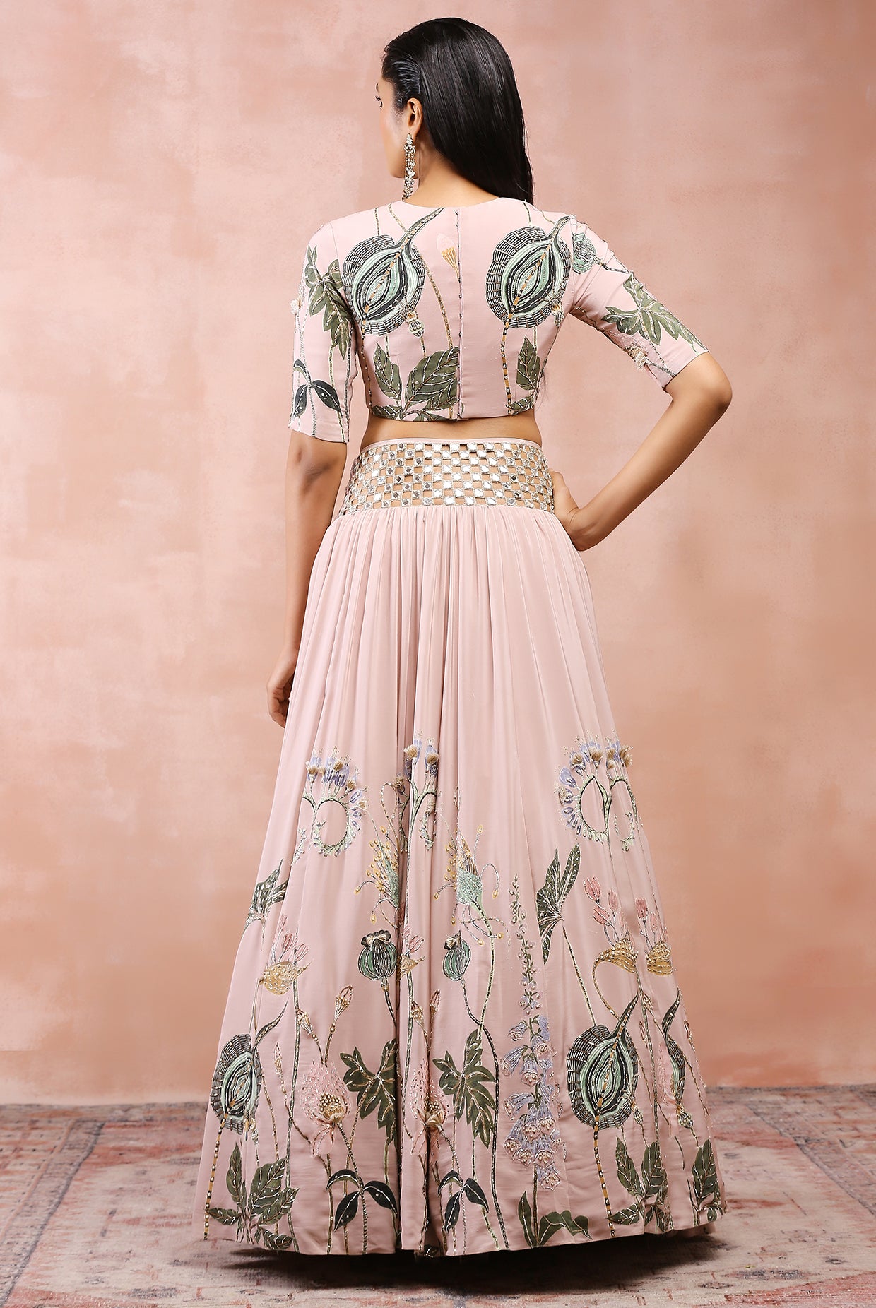 ROSE PINK NILOUFAR PRINT EMBROIDERED CHOLI WITH LEHENGA AND DUPATTA