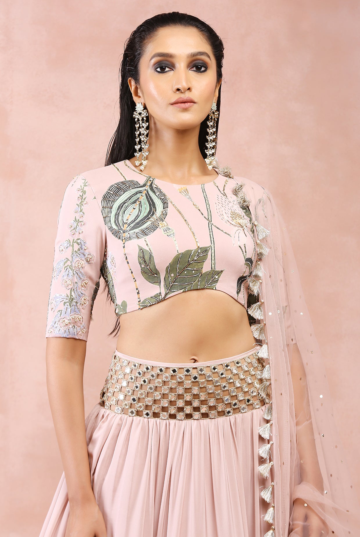 ROSE PINK NILOUFAR PRINT EMBROIDERED CHOLI WITH LEHENGA AND DUPATTA